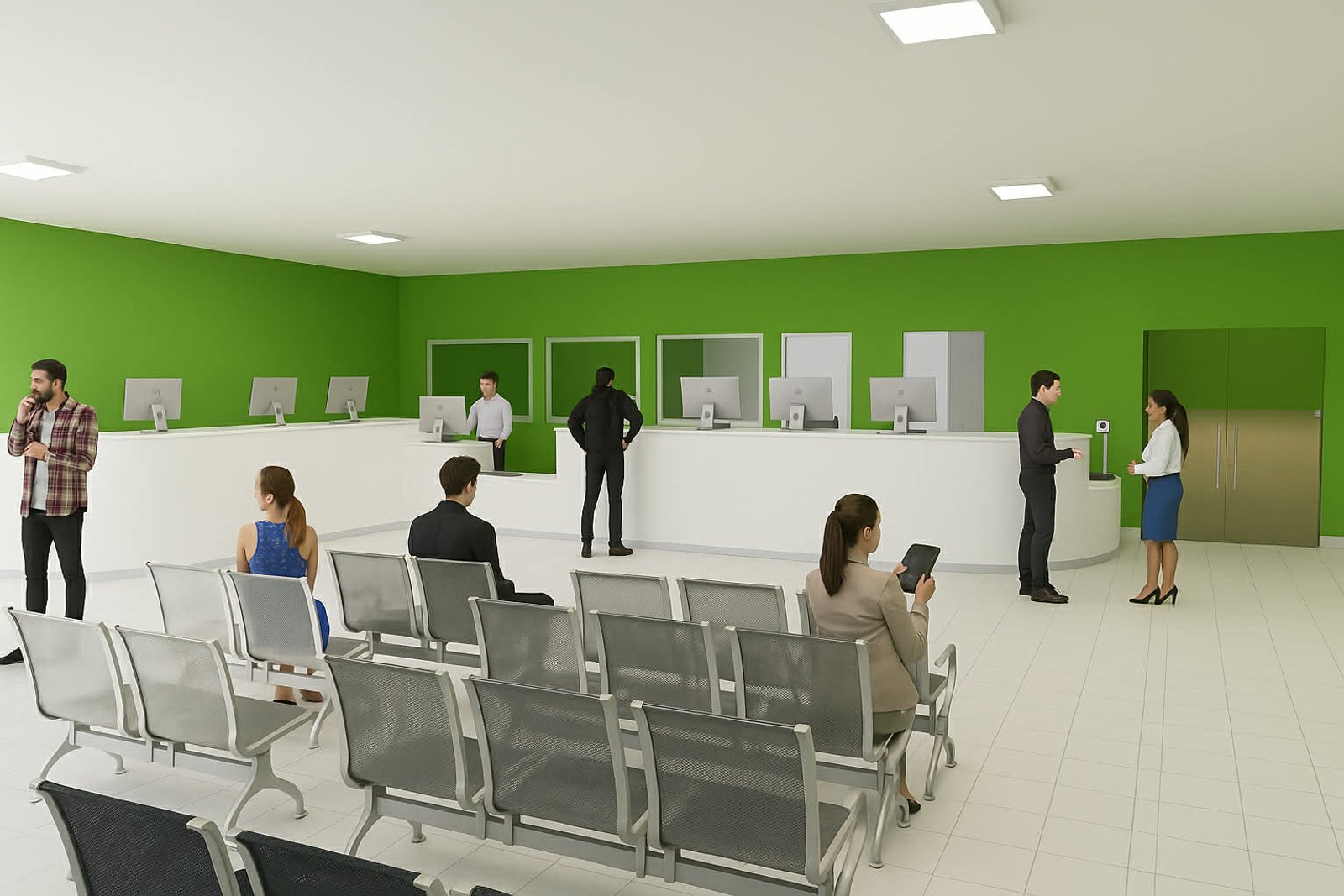 Interior de local comercial moderno con paredes verdes y área de espera — proyecto Sucursal Via Cargo, filial Corrientes, Empresa de distribución y logística., por Arquitecto Gusta
