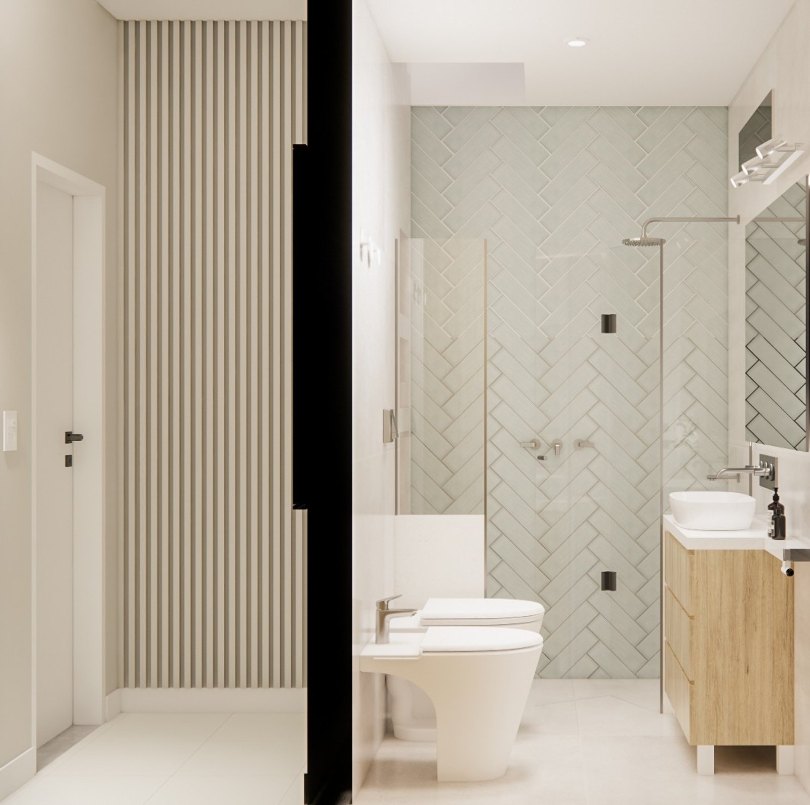 Baño moderno con detalles en madera y cerámica — proyecto Diseño de departamento contemporáneo y colorido, por Mela Deco Design, en Buenos Aires
