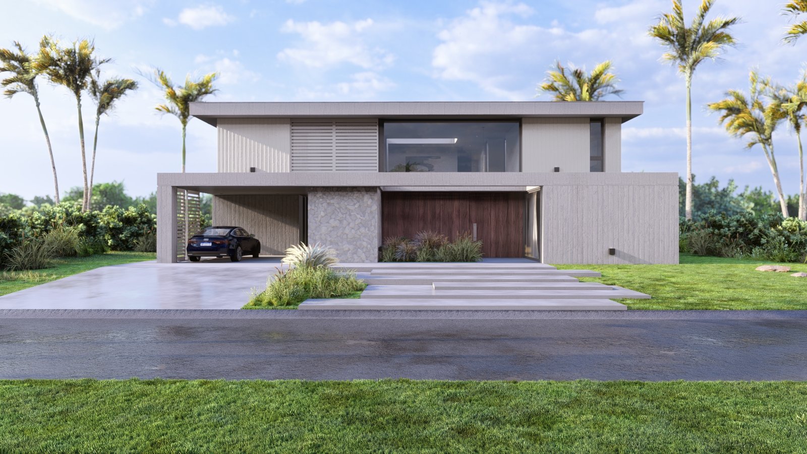 Fachada de casa moderna em concreto com amplas janelas — projeto Casa BF, por Hermann Arquitectos, em Nordelta