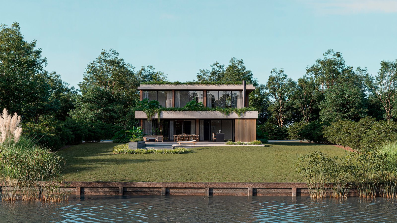 Casa moderna con fachada de madera y amplios ventanales en bosque — proyecto Casa CALMA, por Grupo CRBN, en Av. de los Lagos 100