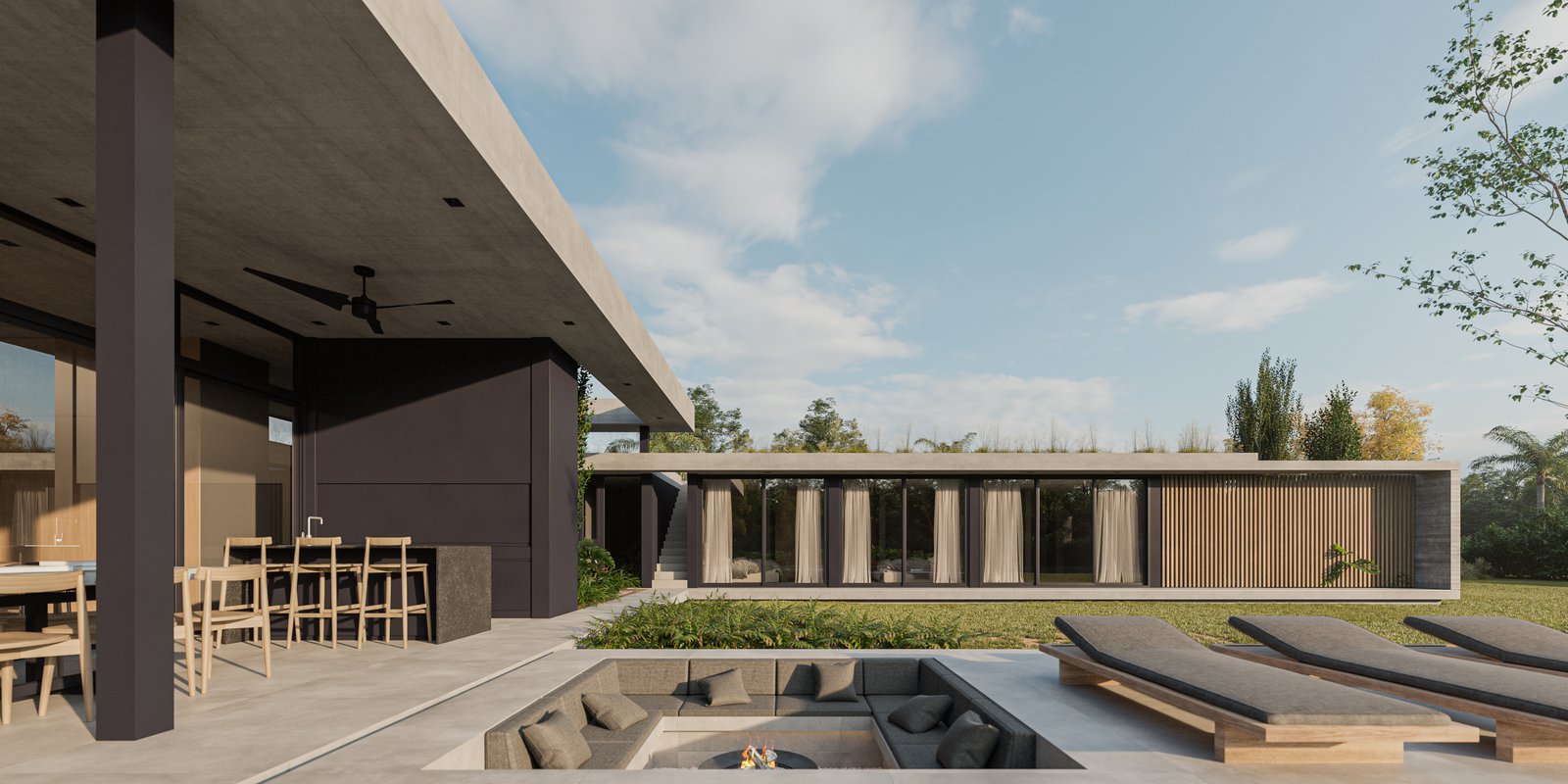 Área externa moderna com teto em balanço e lareira — projeto Casa LAZO, por Grupo CRBN, em B2812 Exaltación de la Cruz