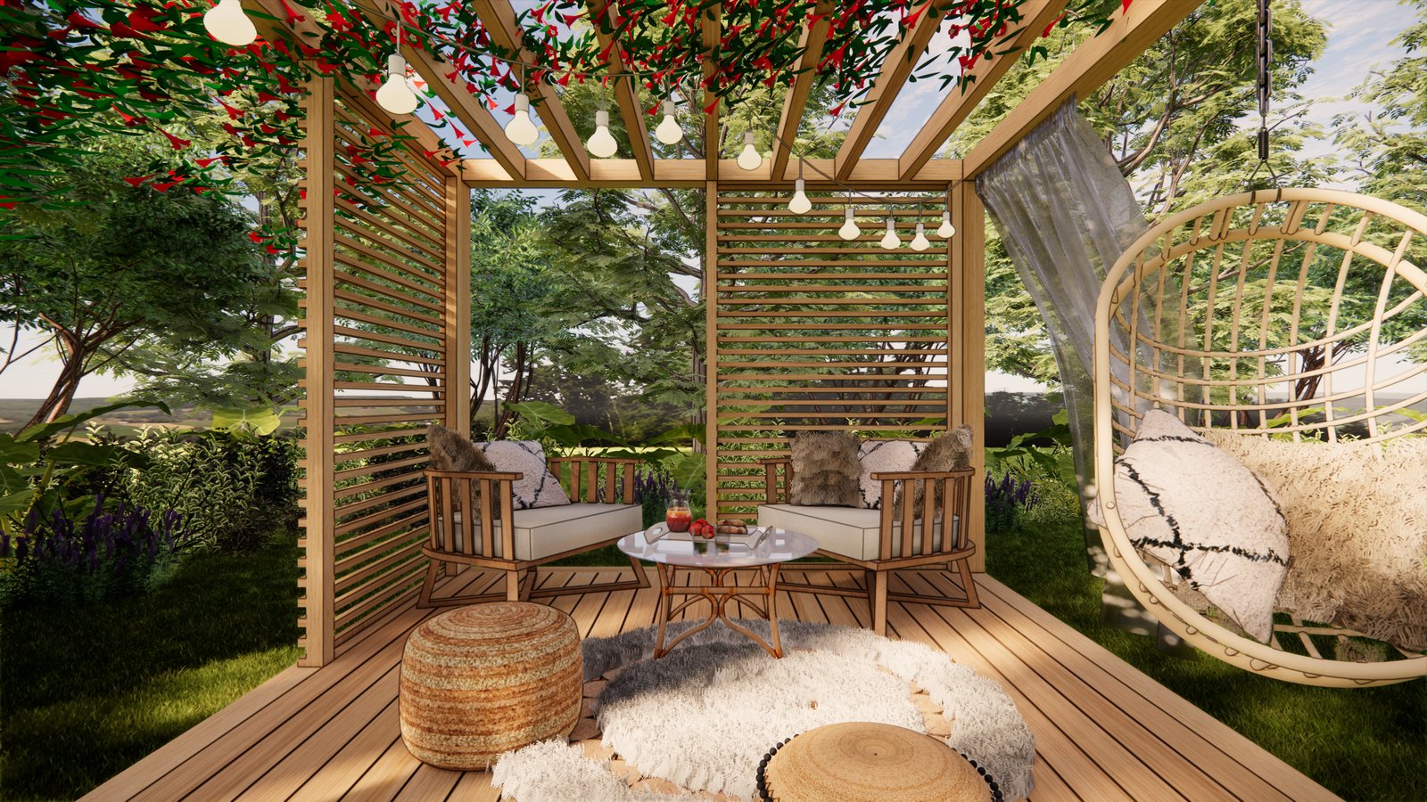 Espacio de estar exterior estilo boho con pérgola y muebles de ratán — proyecto PROYECTO LUND, por Todo con A, en Villa del Rosario