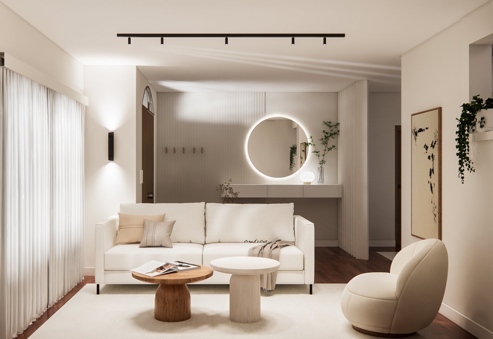 Sala de estar moderna e minimalista com espelho redondo iluminado — projeto Renovación total de moderno living comedor y cocina, por Mela Deco Design