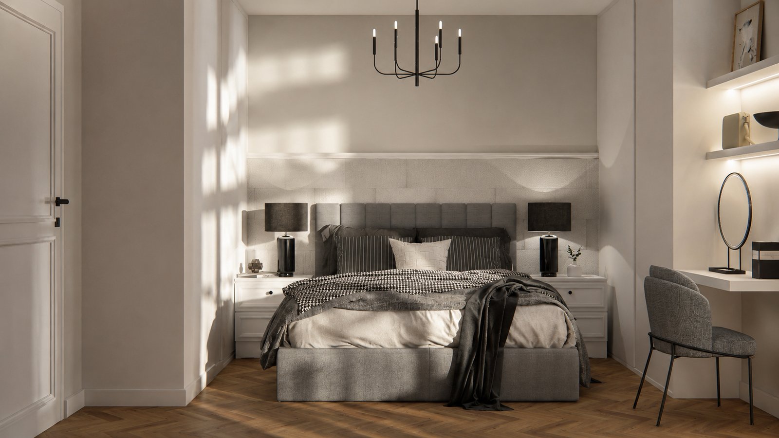 Dormitorio moderno con paneles y luz indirecta — proyecto Diseño de dormitorio principal en blanco y negro , por Mela Deco Design, en Buenos Aires