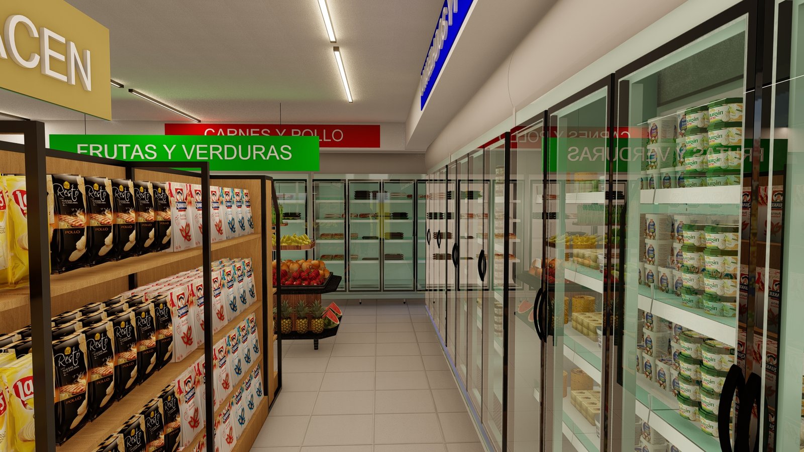 Supermercado moderno con estanterías de refrigeración y exhibidores de productos — proyecto Ahyre Norte, por L8A | interiorismo & arquitectura, en Añelo