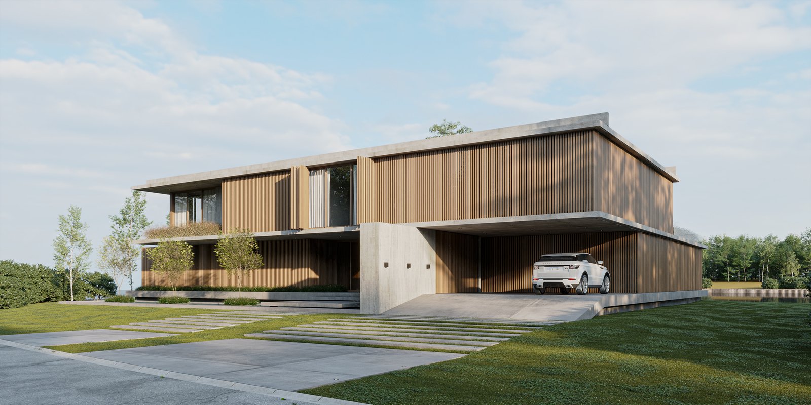 fachada moderna con revestimiento de madera y grandes ventanales — proyecto Casa BRIDGE, por Grupo CRBN, en Av. de los Lagos 1815