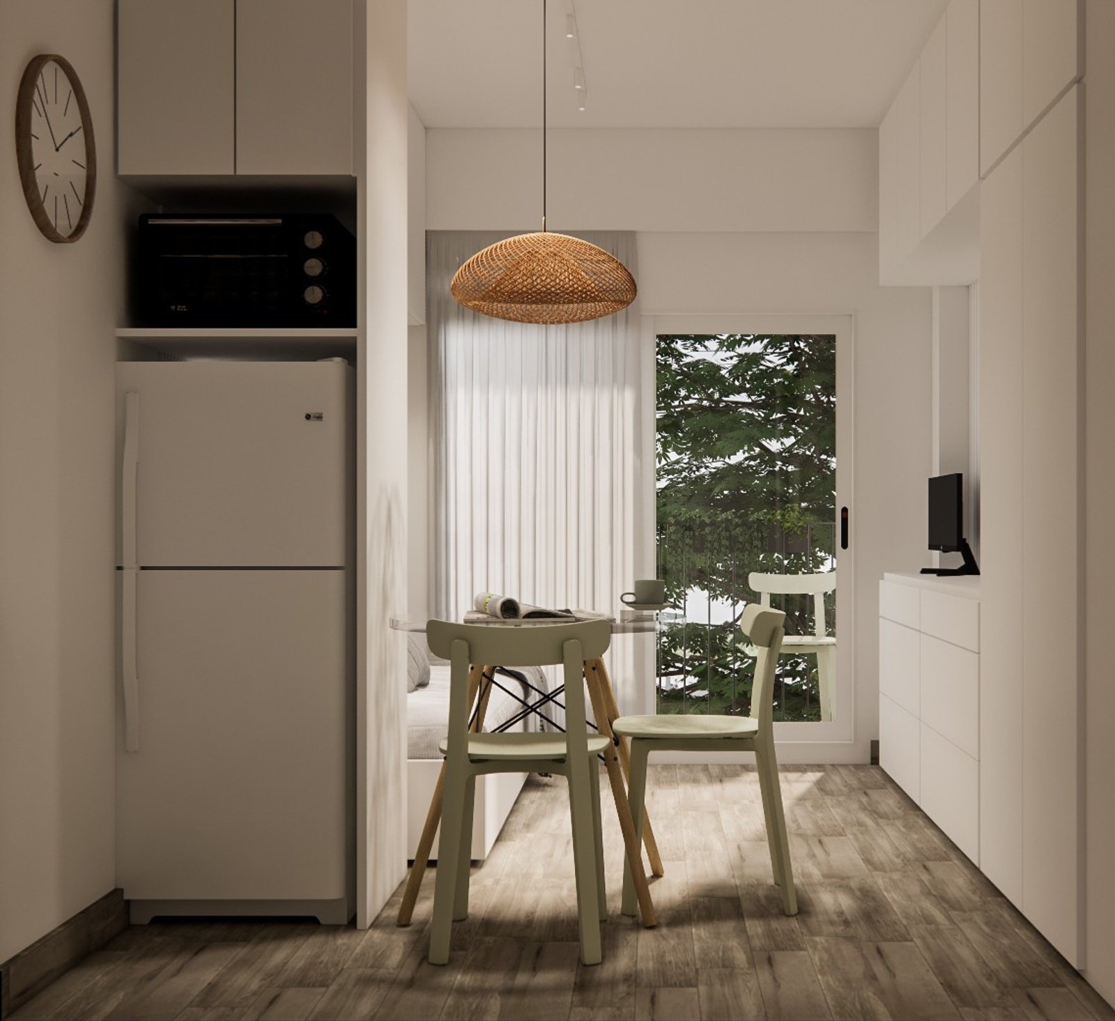 Cocina comedor escandinava compacta con luz cálida — proyecto Monoambiente con espacios optimizados, por Mela Deco Design, en Buenos Aires