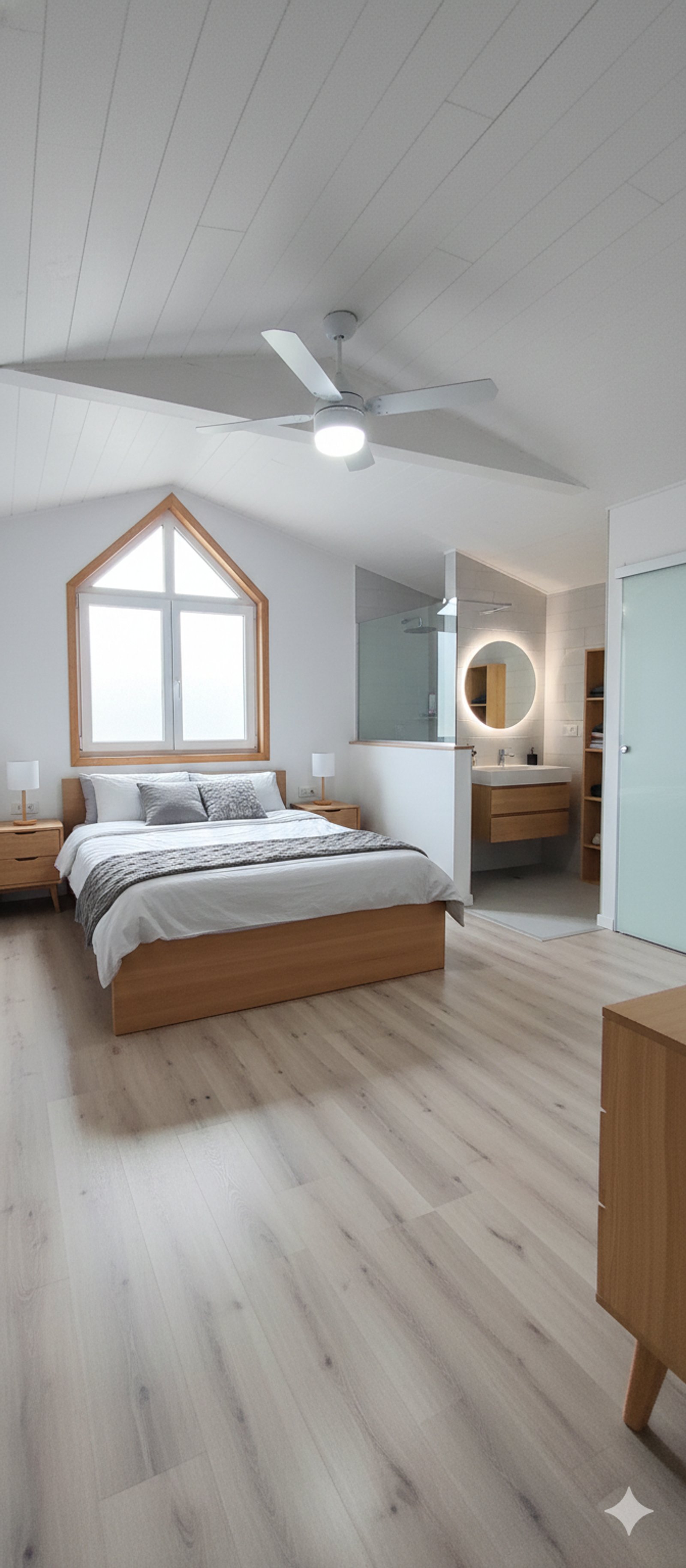 Dormitorio moderno con baño abierto y techo de madera — proyecto Jocker, por Plasma co, en Ezeiza