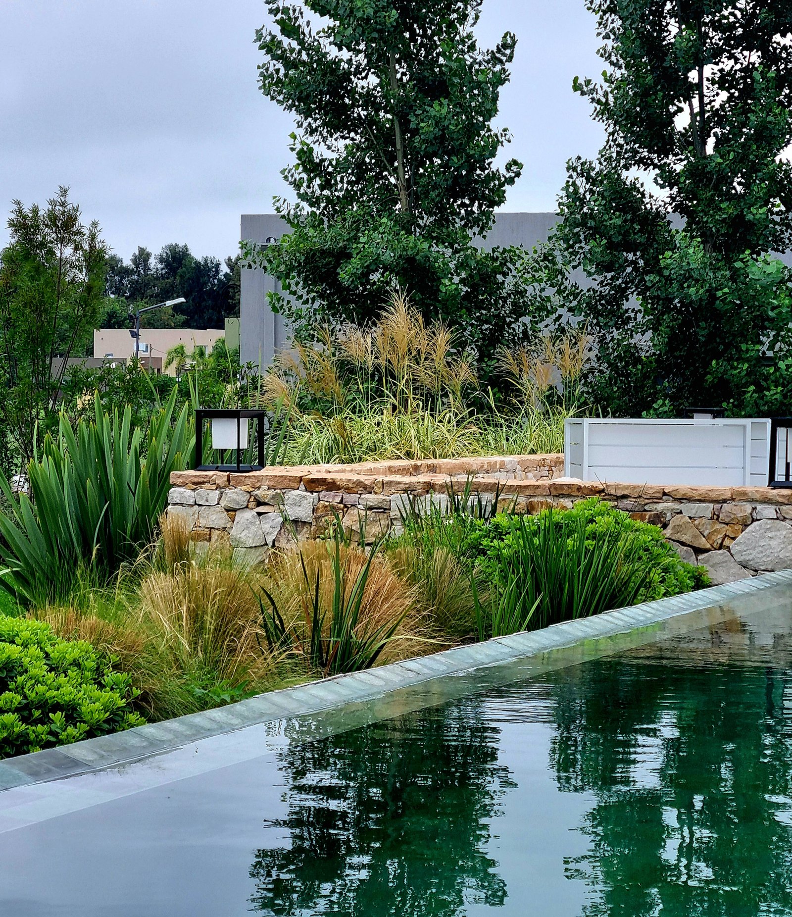 Piscina moderna rodeada de vegetación exuberante y muro de piedra — proyecto Barrio Hudson Park, por Marcela García Brünner Paisajista, en km 34