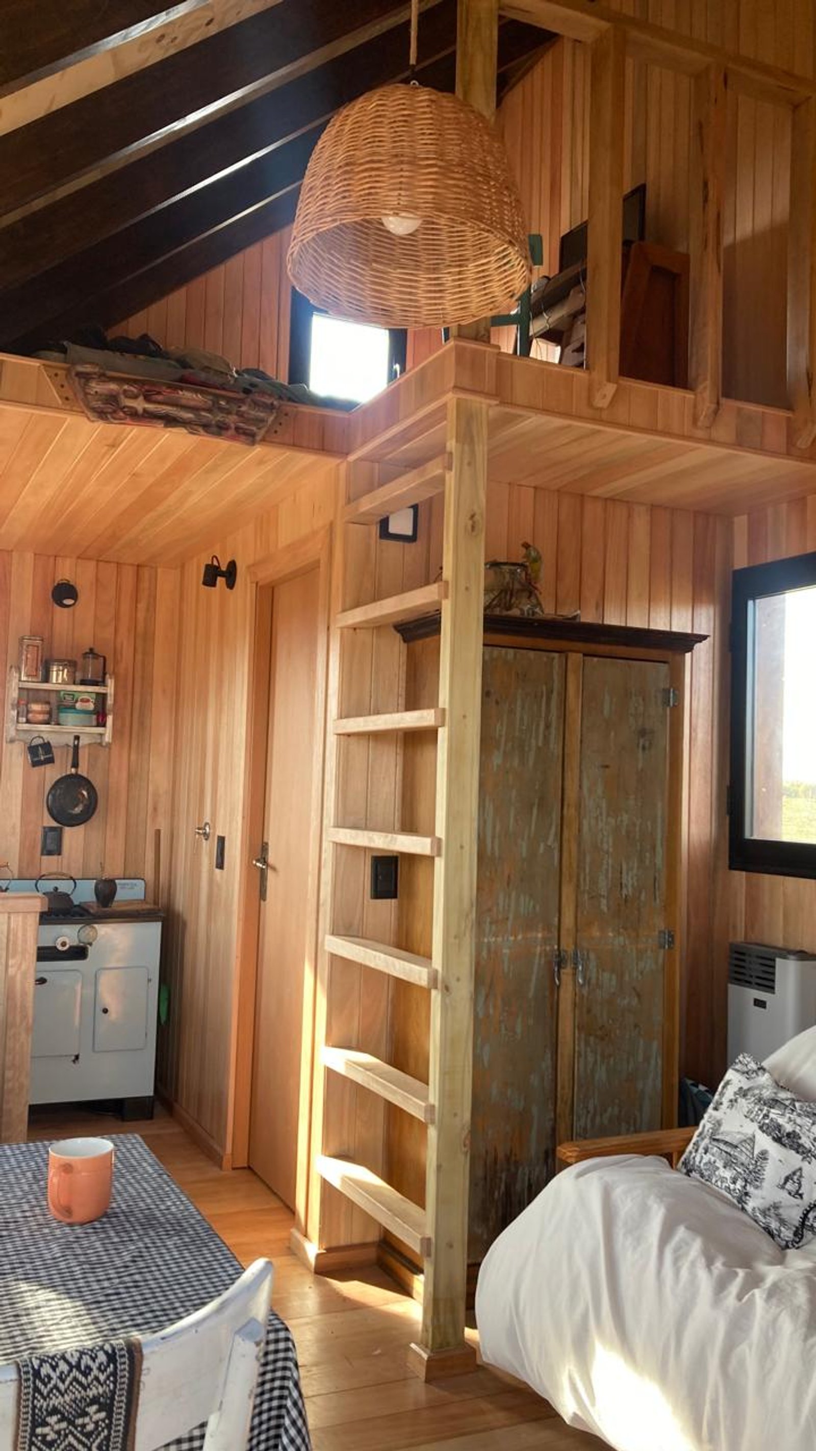 Interior rústico con paredes y techo de madera, lámpara de ratań — proyecto Tiny House OFFGRID, por Wompa, en Tandil
