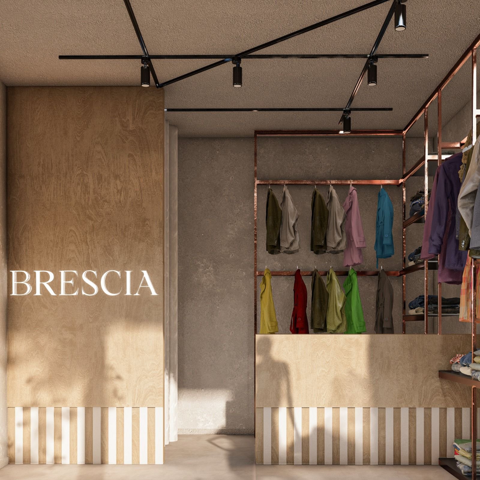 Interior de tienda de ropa moderno con paredes de madera y estanterías metálicas — proyecto LOCAL DE INDUMENTARIA, por TD Interiorismo, en San Fernando del Valle de Catamarca