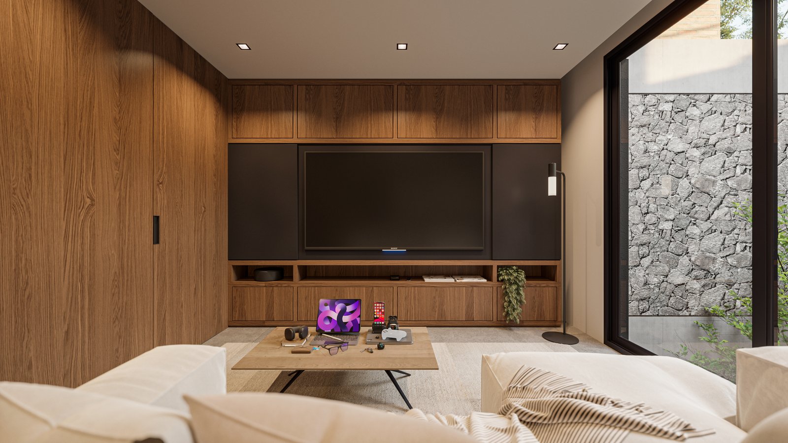 Living moderno con paneles de madera y piedra, TV integrada — proyecto Casa IZA, por Grupo CRBN, en Villa Urquiza