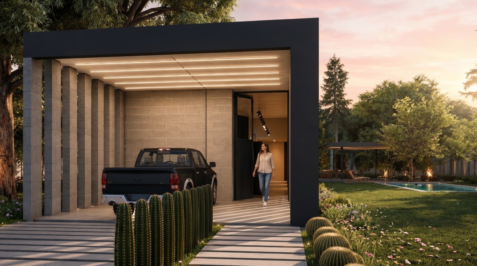 fachada moderna con cochera y cactus — proyecto Casa Del Limonero, por WILSON ARQUITECTURA, en Presidente Derqui