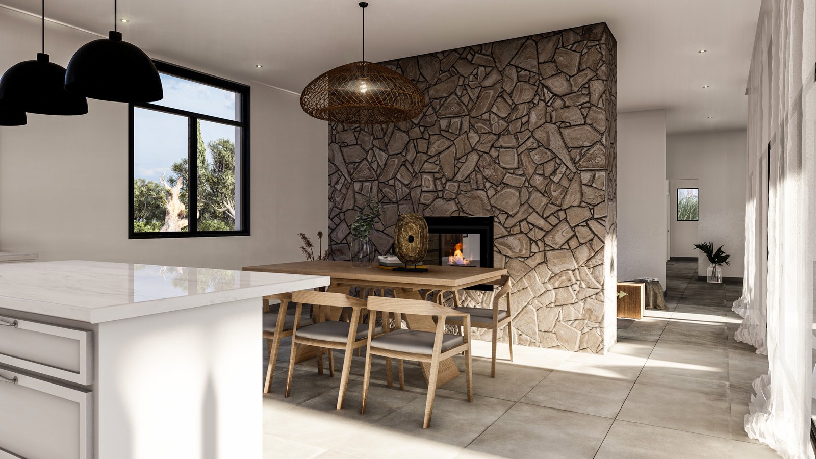 Comedor moderno con pared de piedra y chimenea — proyecto Casa La Asunción , por B|Q STUDIO , en Luján