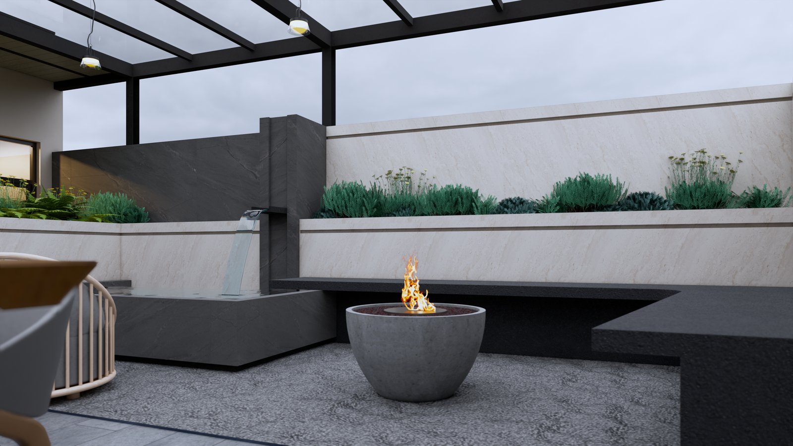 Pátio moderno com lareira embutida e mobiliário de concreto — projeto Roof Garden 7240, por Fenarq Estudio de Arquitectura, em Amozoc de Mota