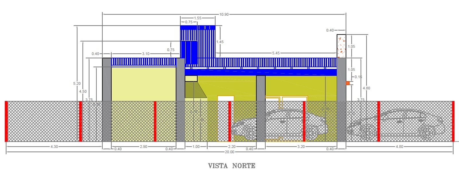 plano de elevação norte de edifício com garagem e cerca — projeto VIVIENDA CARO - LOMA LINDA, por Ingeniero Fernando MARTIN, em Sto Domingo 2905