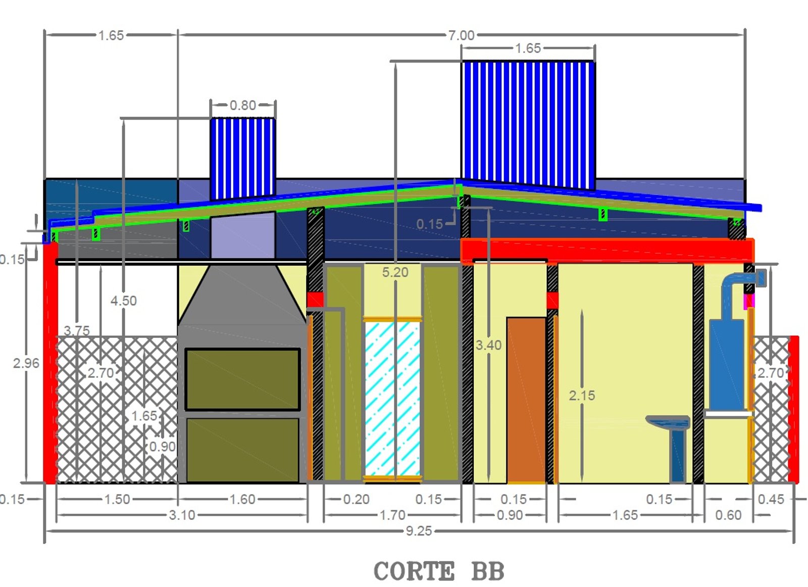 Corte BB de vivienda con área de parrilla integrada — proyecto VIVIENDA CARO - LOMA LINDA, por Ingeniero Fernando MARTIN, en Sto Domingo 2905