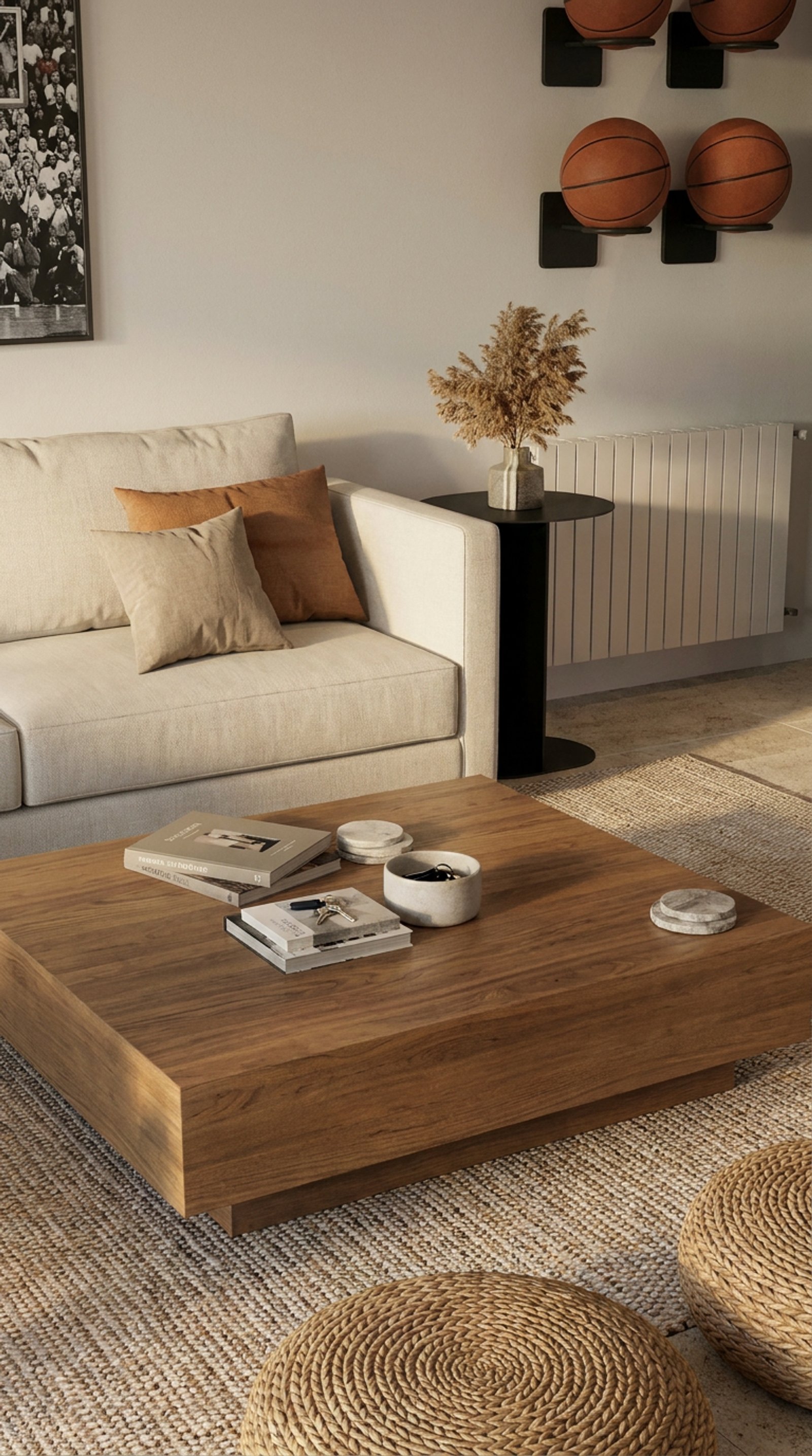 Sala de estar moderna com sofá bege, mesa de centro de madeira e decoração natural — projeto Diseño moderno de quincho, por Mela Deco Design, em Buenos Aires