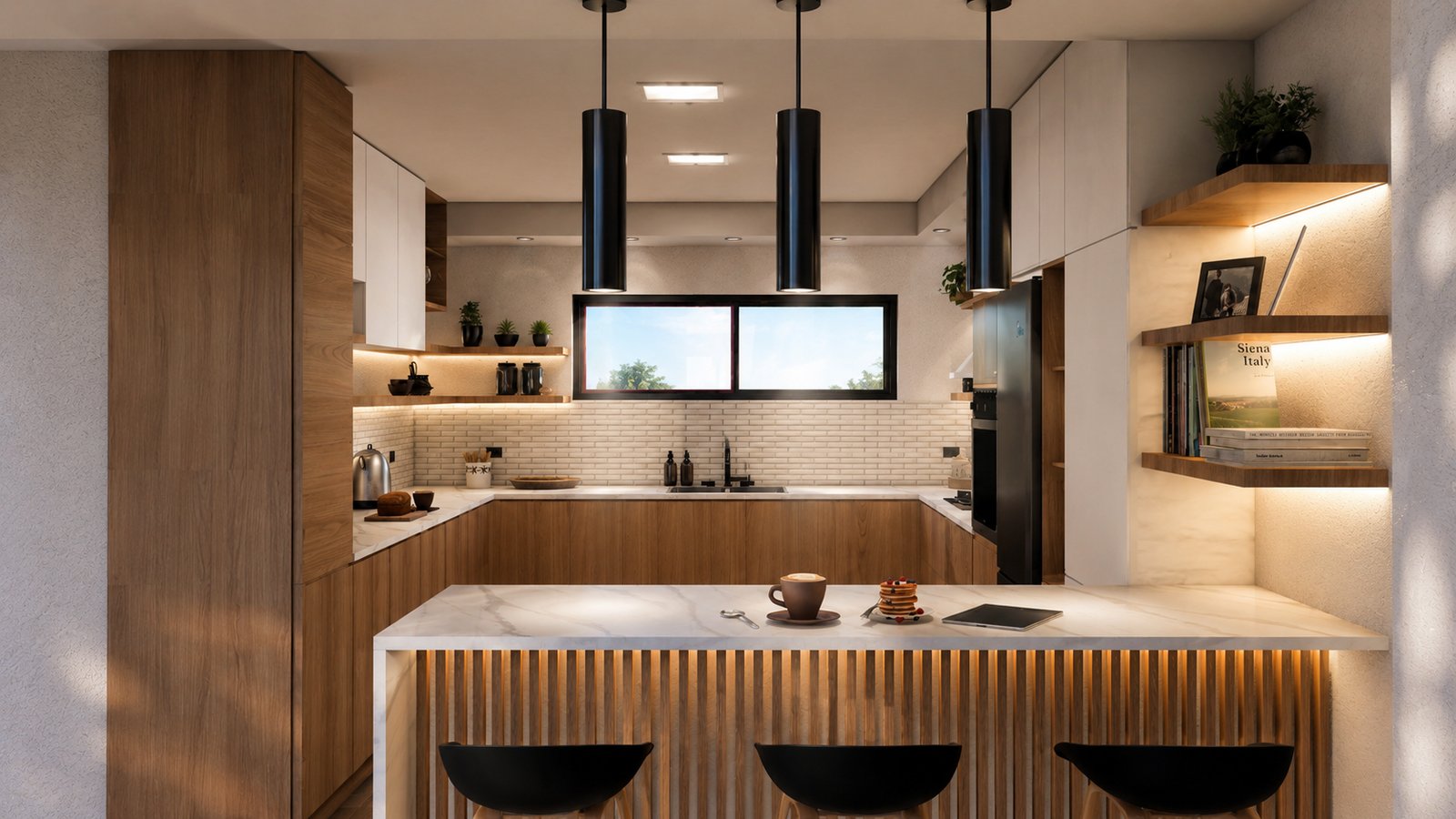 Cozinha moderna com ilha de madeira e mármore, estilo escandinavo — projeto Cocina Ann01, por Ss.arq, em Manantiales