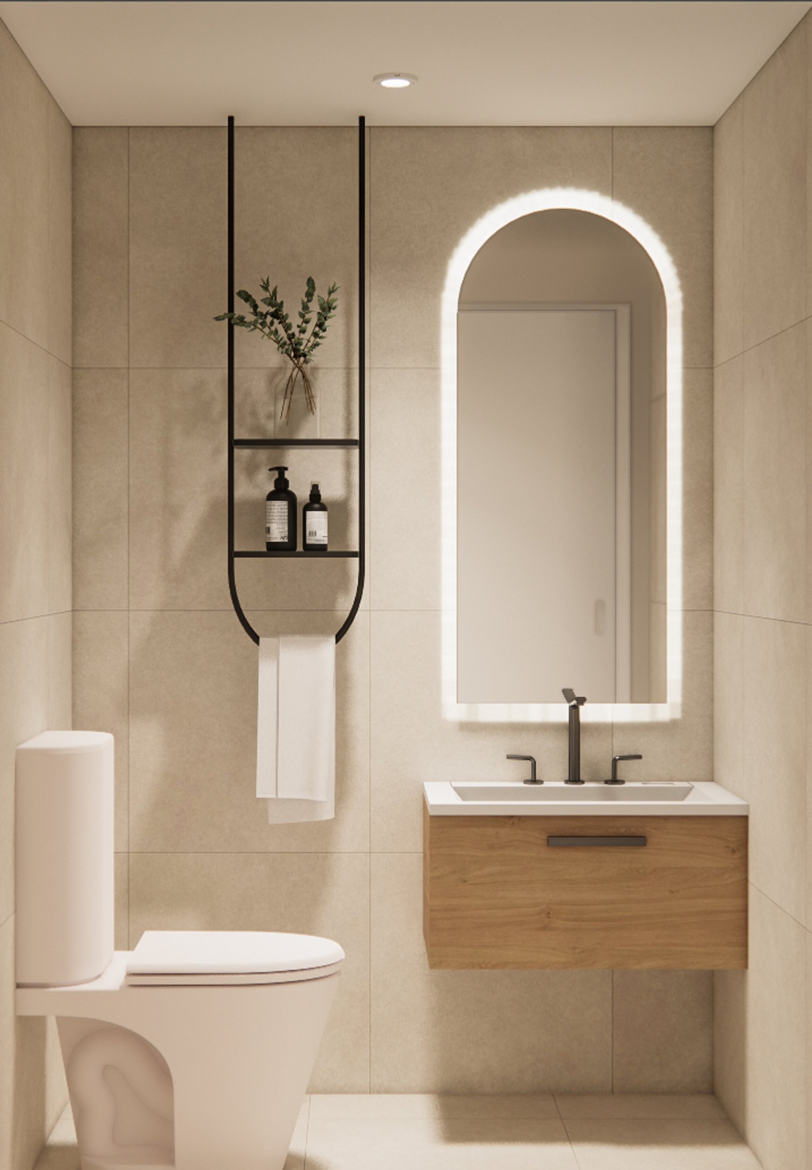 Baño moderno minimalista con espejo arqueado retroiluminado y vanidad de madera — proyecto Departamento integral, por Mela Deco Design, en Buenos Aires