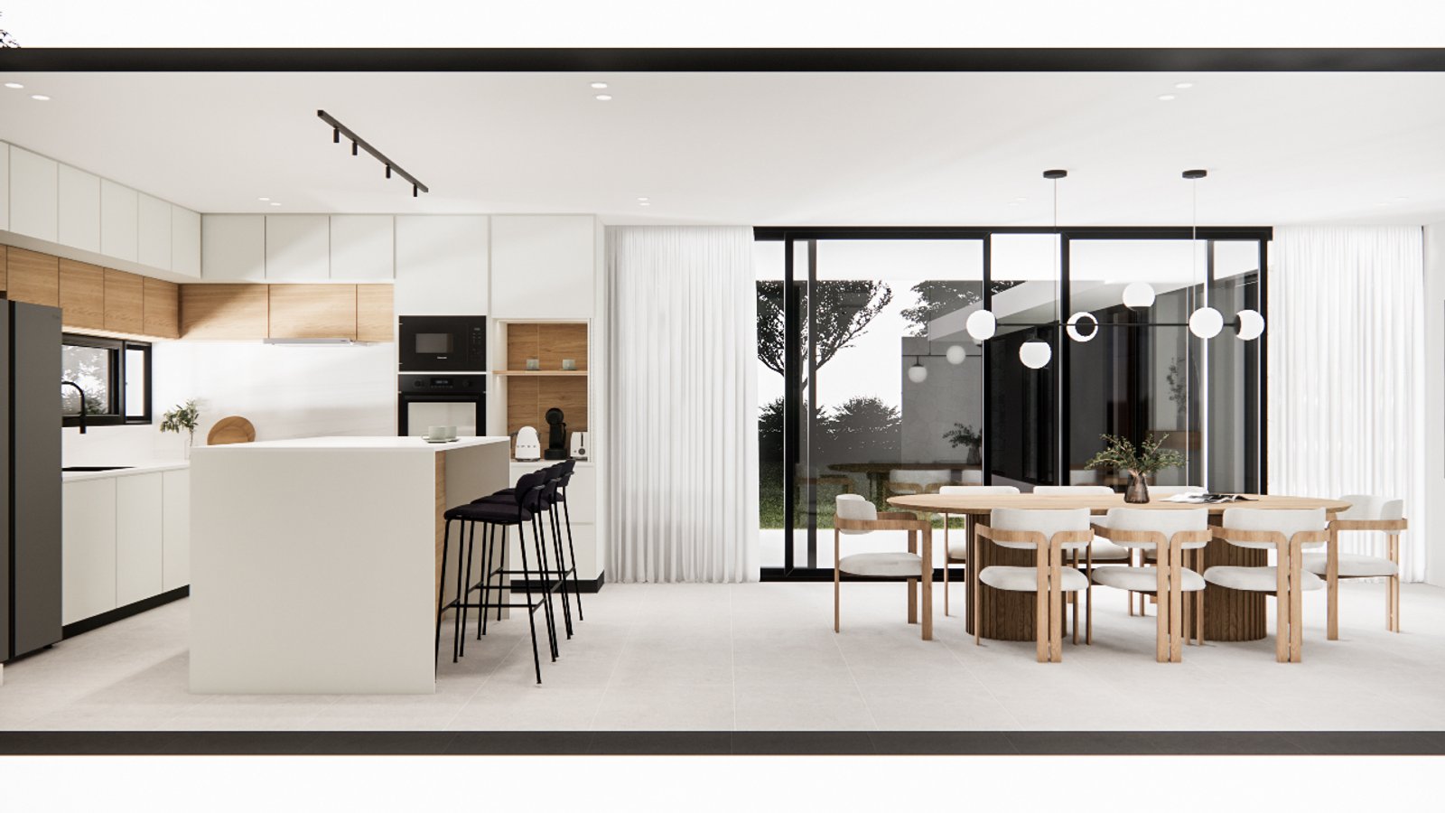 Cozinha e sala de jantar modernas integradas com ilha grande e muita luz — projeto Diseño elegante de estar y cocina, por Mela Deco Design, em Buenos Aires