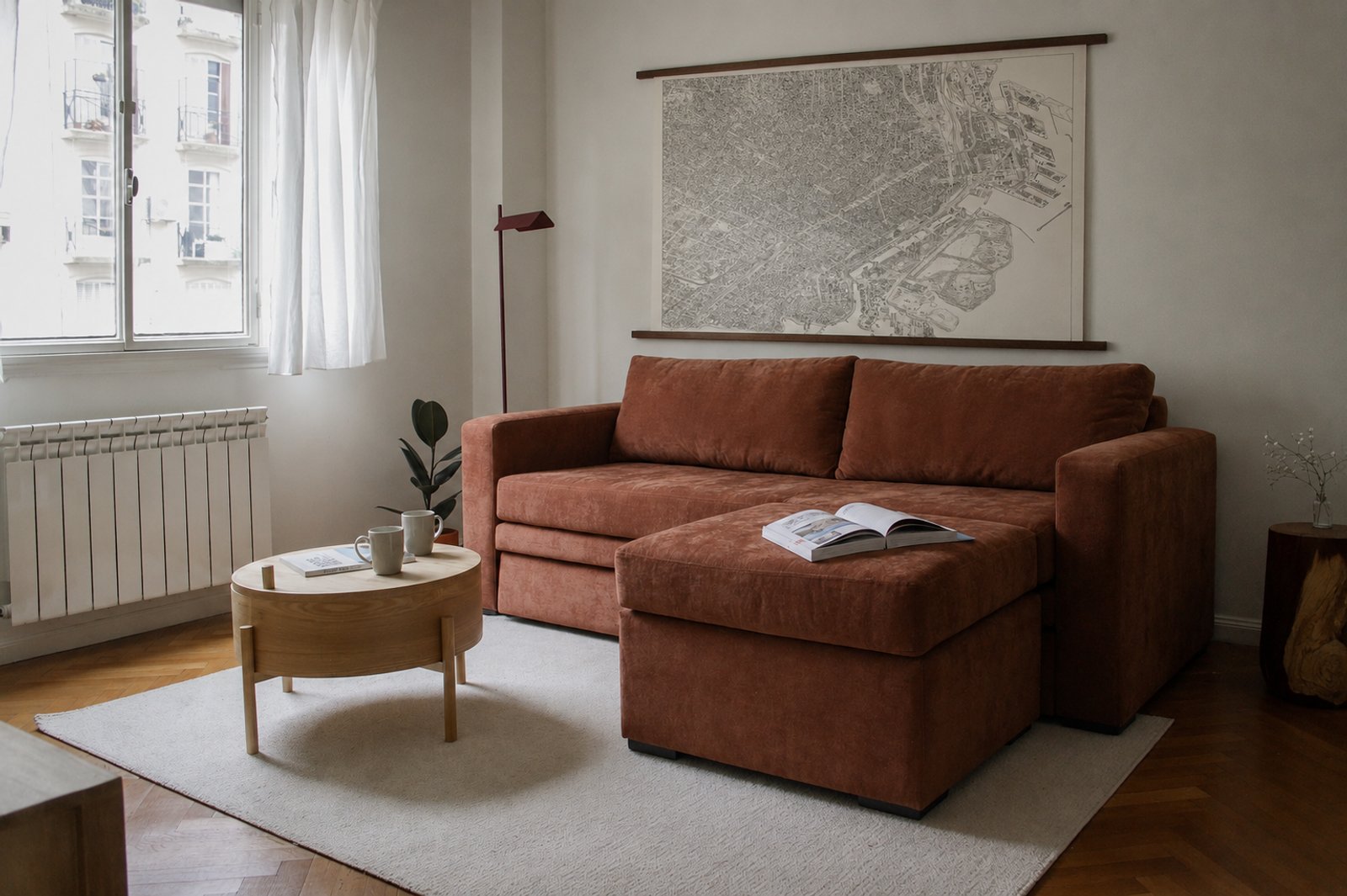 Sala de estar moderna com sofá modular terracota e mapa grande — projeto Cordoba 1424, por Arq. Lugar, em Cdad. Autónoma de Buenos Aires
