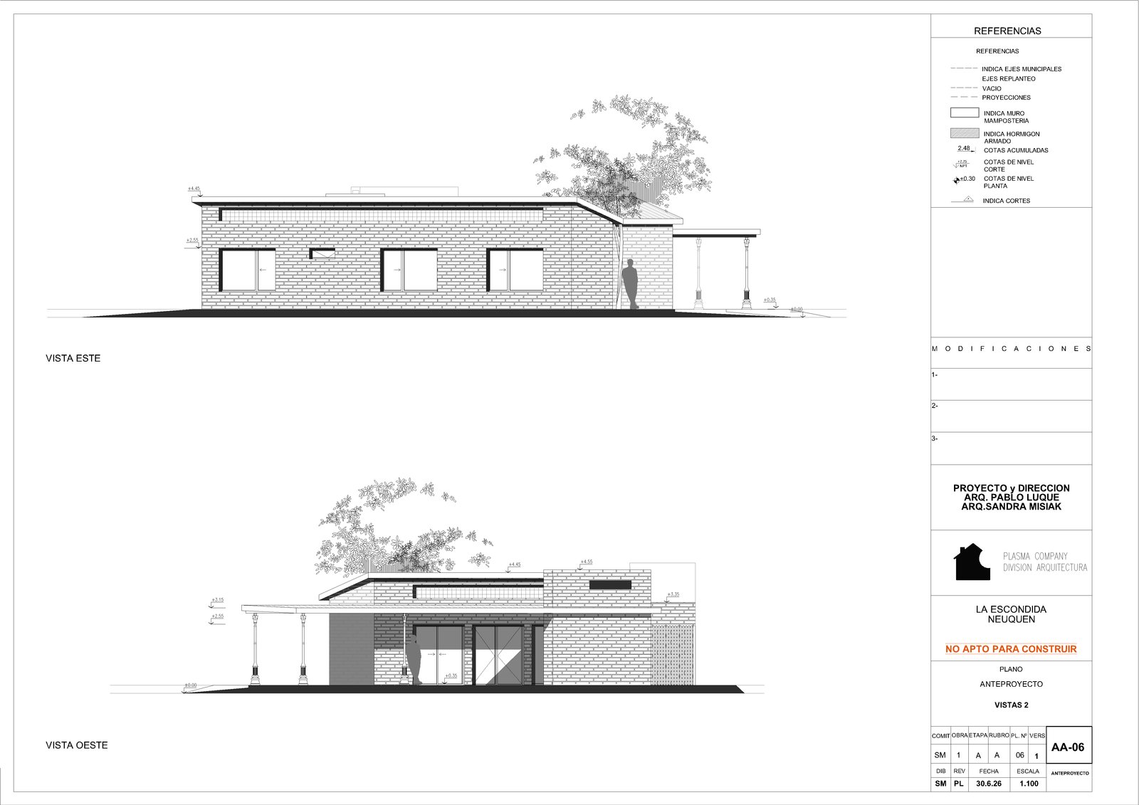 Plano de fachada de casa moderna de ladrillos beige — proyecto La escondida, por Plasma co, en Neuquen