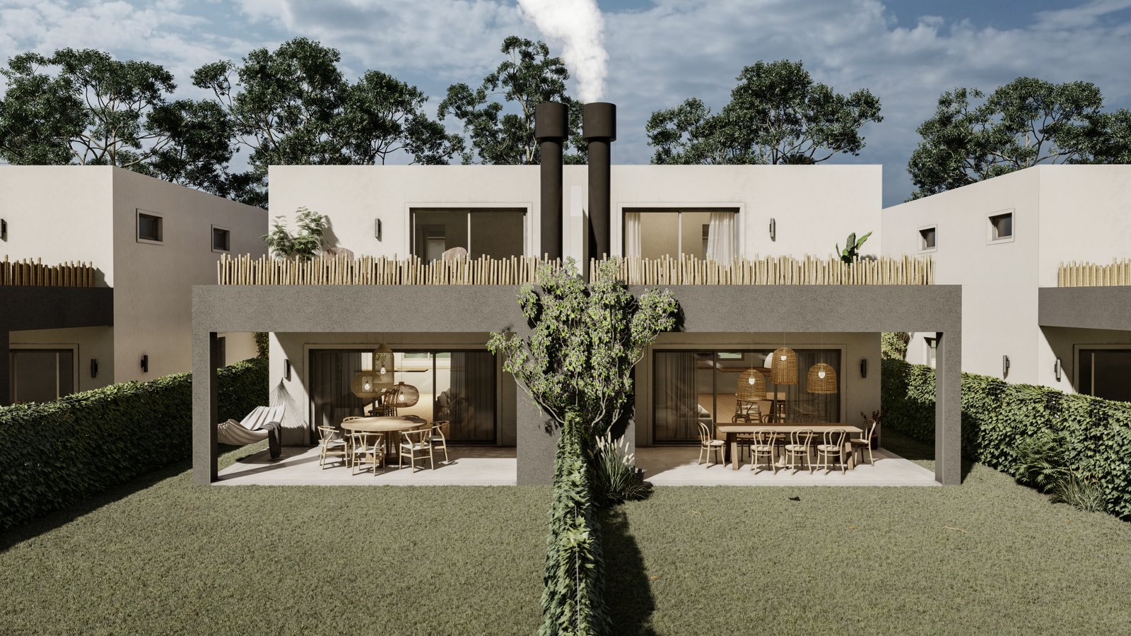 fachada moderna con vegetación y pérgola — proyecto TownHouses TresPinos, por G5arquitectos, en Gral. Rodríguez
