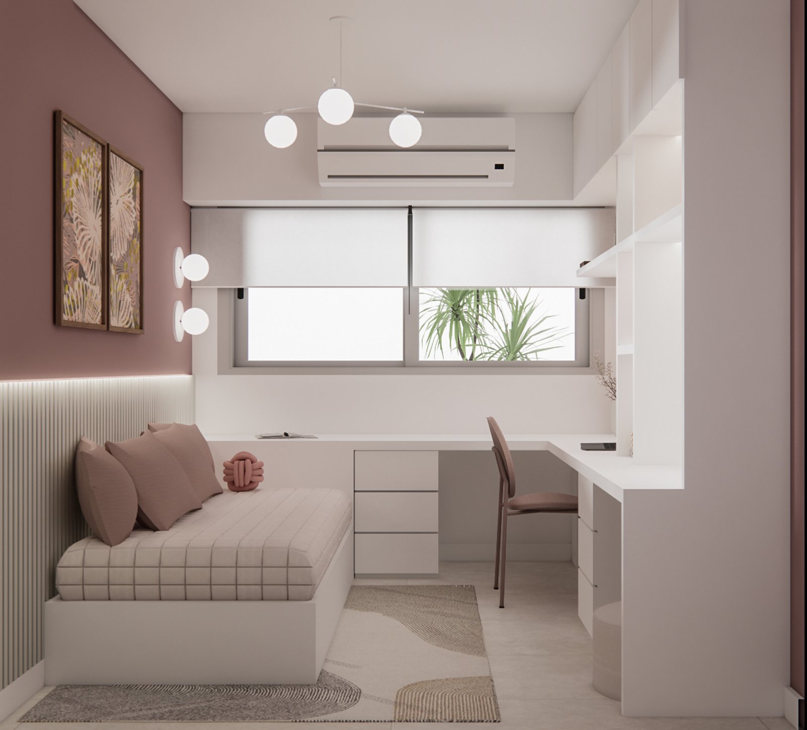 Dormitorio moderno con rincón de oficina integrado y pared color vino — proyecto Apartamento familiar con estilo moderno y sofisticado, por Mela Deco Design, en Buenos Aires