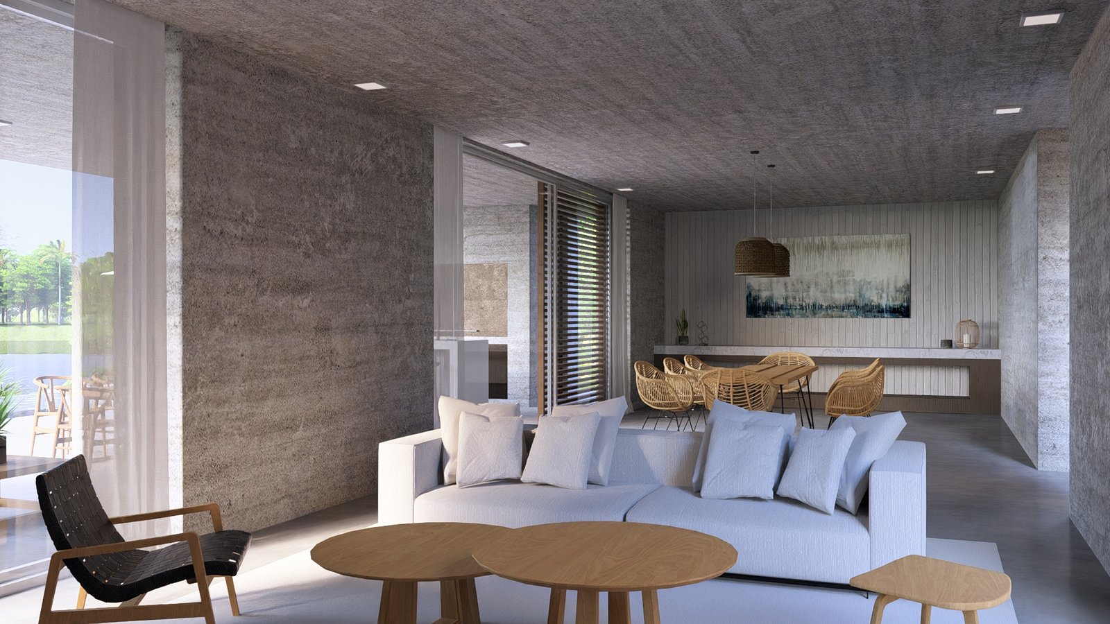 Sala de estar e jantar moderna com paredes de concreto aparente e janelas amplas — projeto Casa AC, por Hermann Arquitectos, em Nordelta
