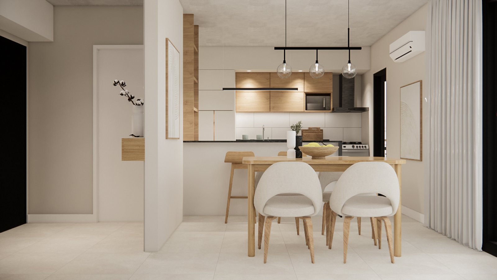 Sala de jantar escandinava moderna com cozinha integrada — projeto Departamento integral, por Mela Deco Design, em Buenos Aires