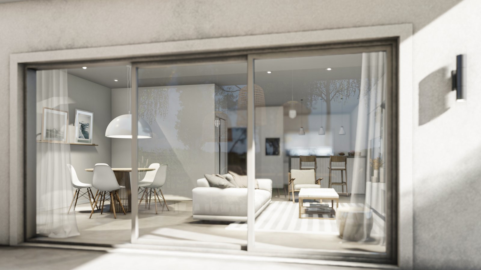 Living comedor moderno con puertas corredizas de vidrio y muebles beige — proyecto TownHouses TresPinos, por G5arquitectos, en Gral. Rodríguez