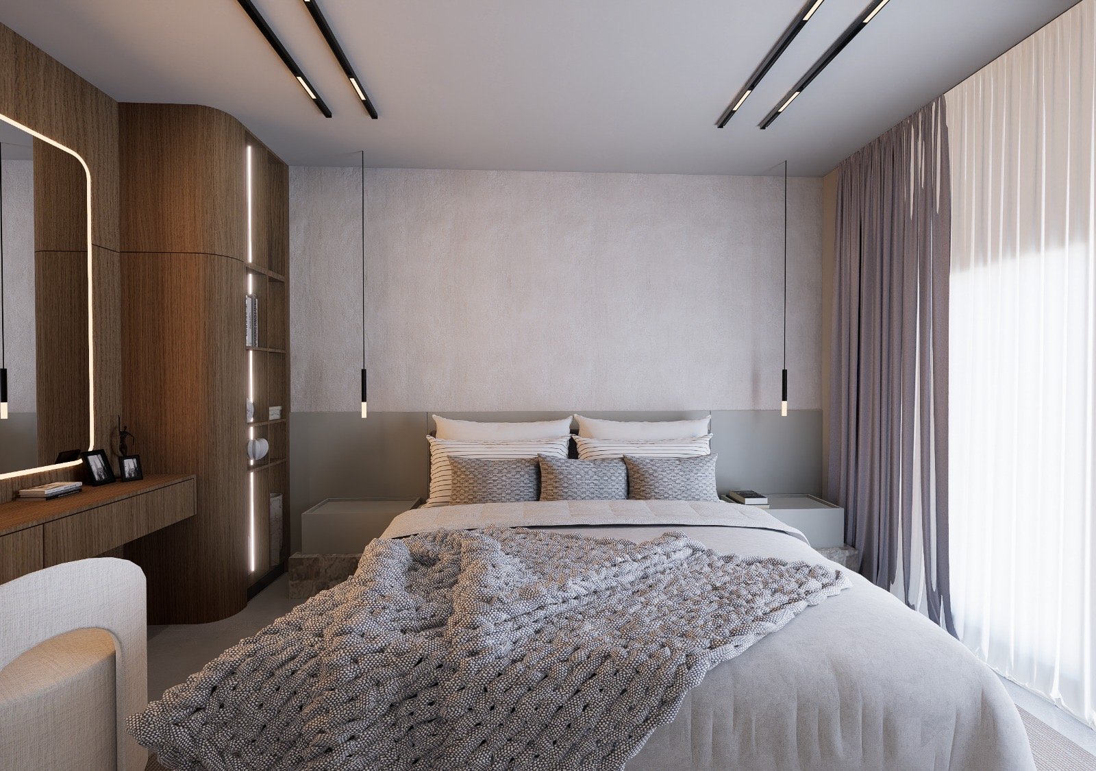 Dormitorio moderno con texturas neutras y luz cálida — proyecto Rivadavia, por MEG estudio, en Ciudad de Corrientes