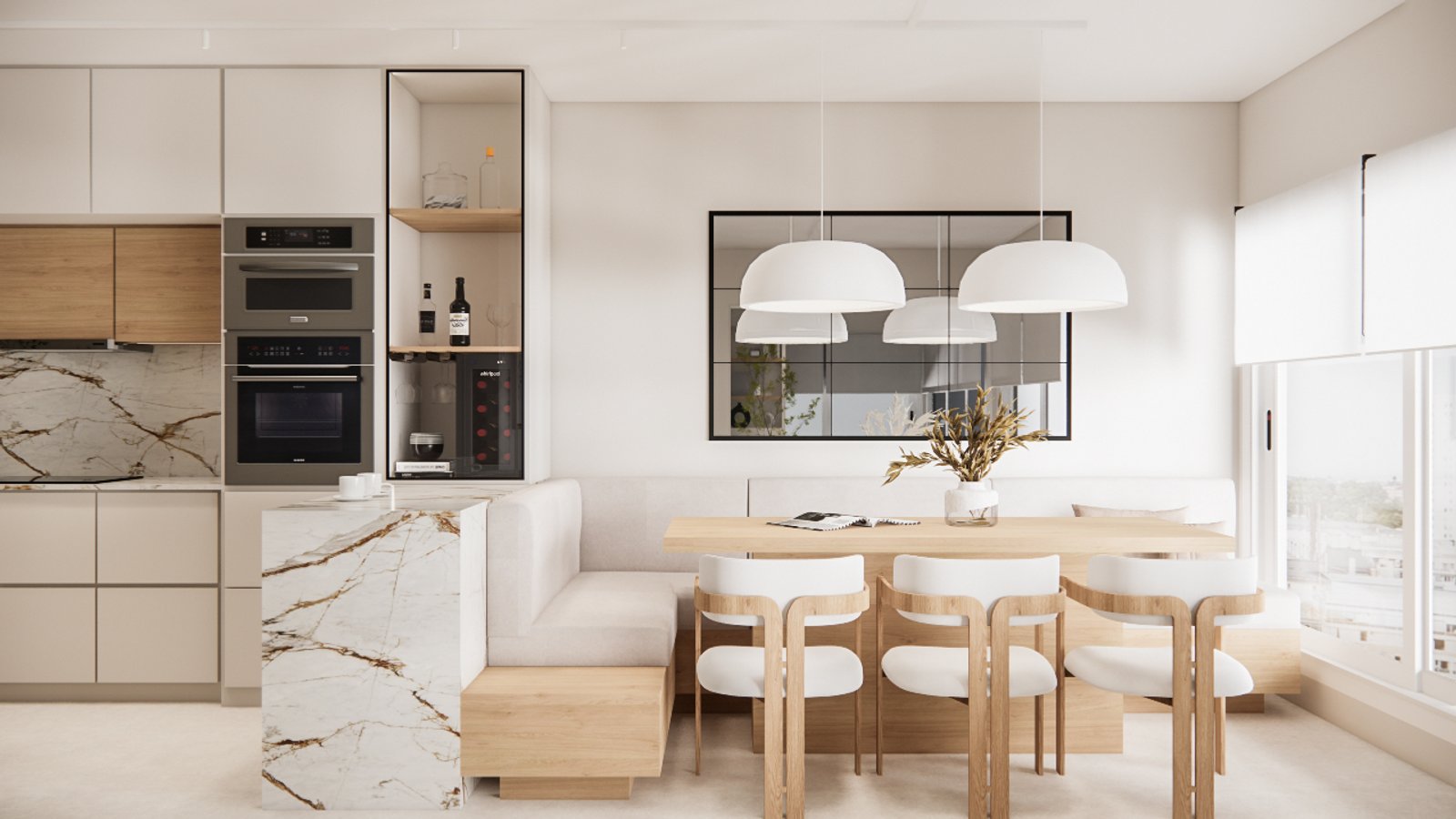 Cozinha e sala de jantar escandinava moderna com bancada e pendentes — projeto Casa de familia moderna con vista al mar, por Mela Deco Design, em Punta del Este