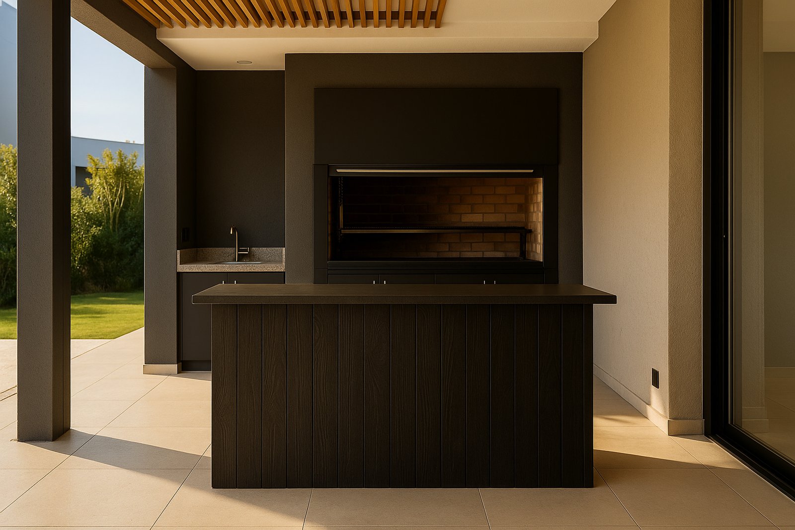 área gourmet externa moderna com bancada de madeira escura — projeto Casa LR, Puertos, por Casa Rosa Estudio, em Av. de los Lagos