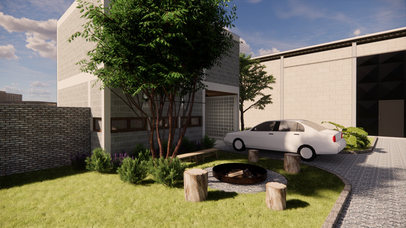 Casa moderna con ladrillo visto y hormigón, con auto y fogonero — proyecto FACHADAS ET, por Todo con A, en Villa del Rosario