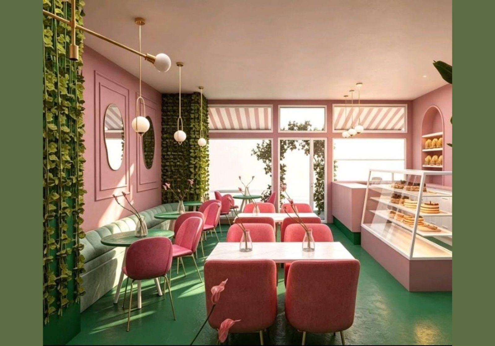 Cafetería moderna con pared verde exuberante y sillas rosas — proyecto Pastelería la Nueva Sirena, por FA DISEÑO Y AMBIENTACION, en Bahía Blanca
