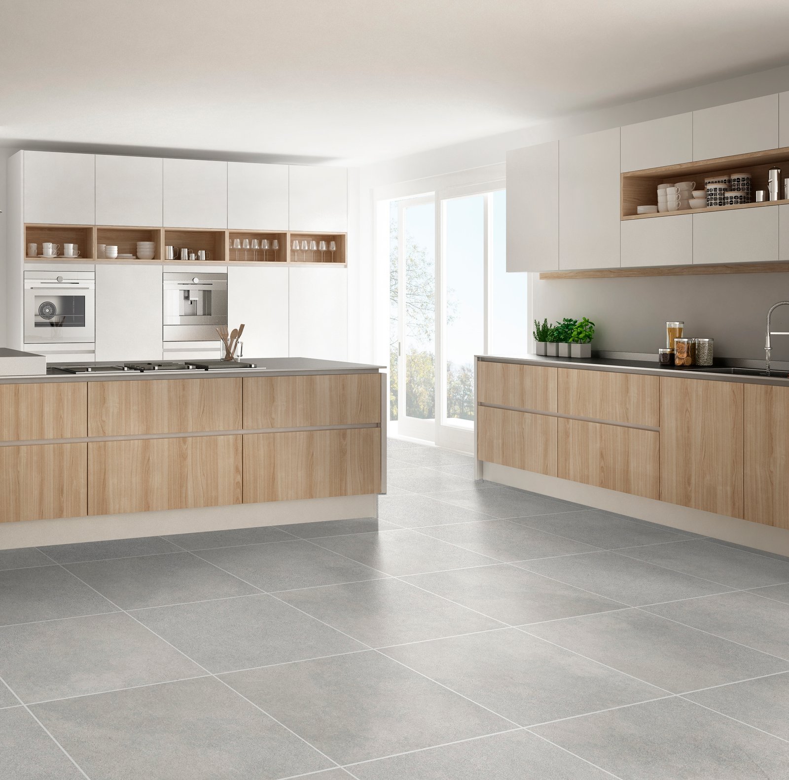 Cozinha moderna minimalista com ilha de madeira e piso cinza — projeto 60x60, por Cerámica Alberdi
