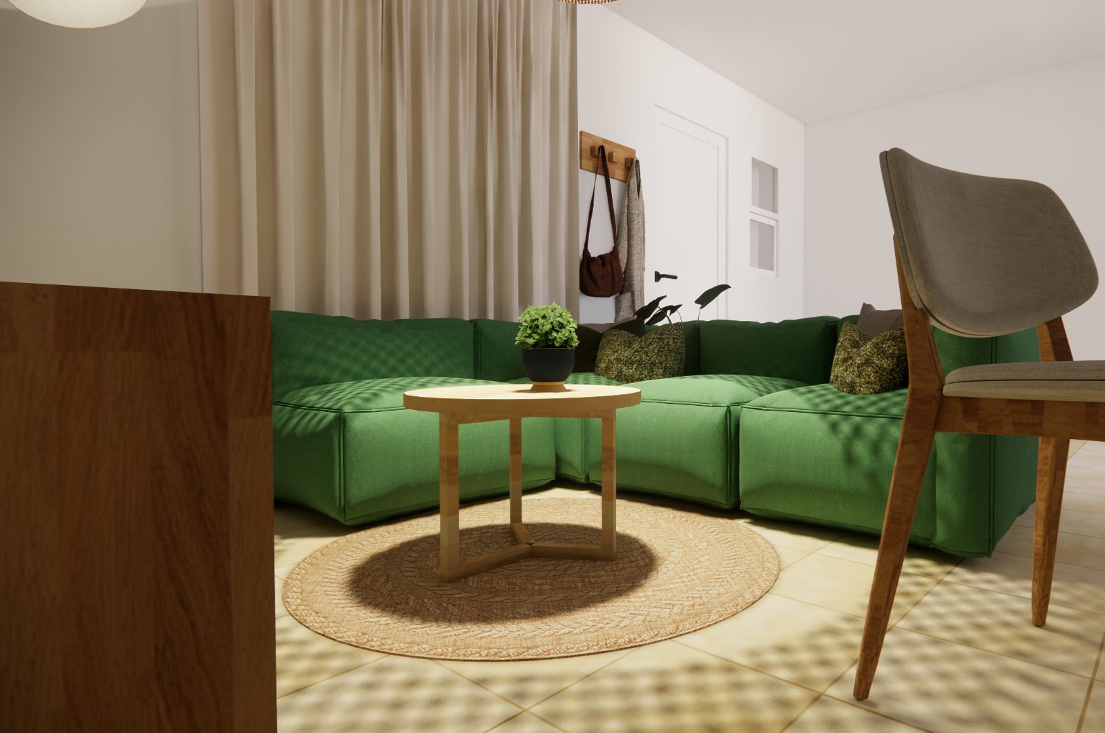 Living moderno con sofá curvo verde y luz cálida — proyecto REMODELACION FM , por Agustina Llanes Arquitectura, en Resistencia