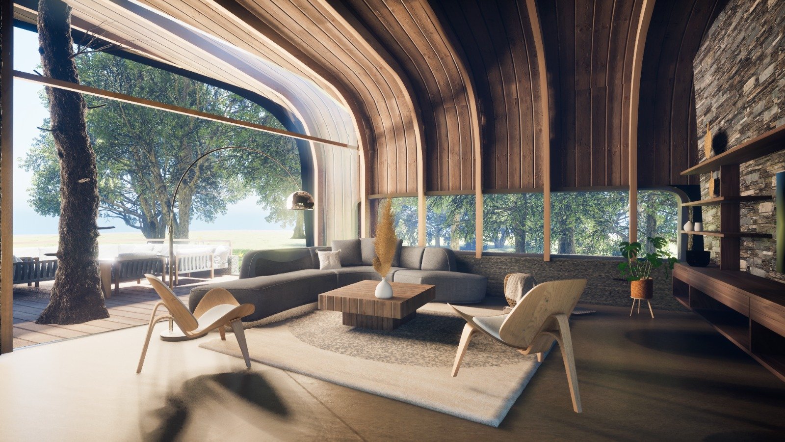 Living moderno con techo curvo de madera y ventanales al bosque — proyecto Casa Corteza, por COMOTTO - SOMMER  - ARQUITECTOS, en Blvd. La Alameda