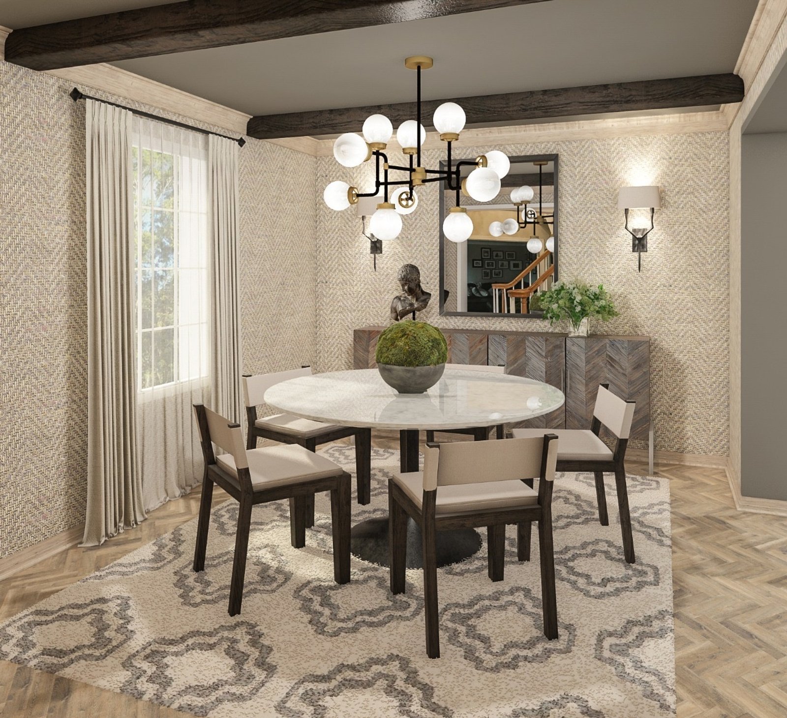 Comedor moderno con sala de estar integrada y vigas de madera — proyecto Dinning Room - Design by Tara - New Jersey, por DULLITA 3D Coach & Interior Design, en New Jersey