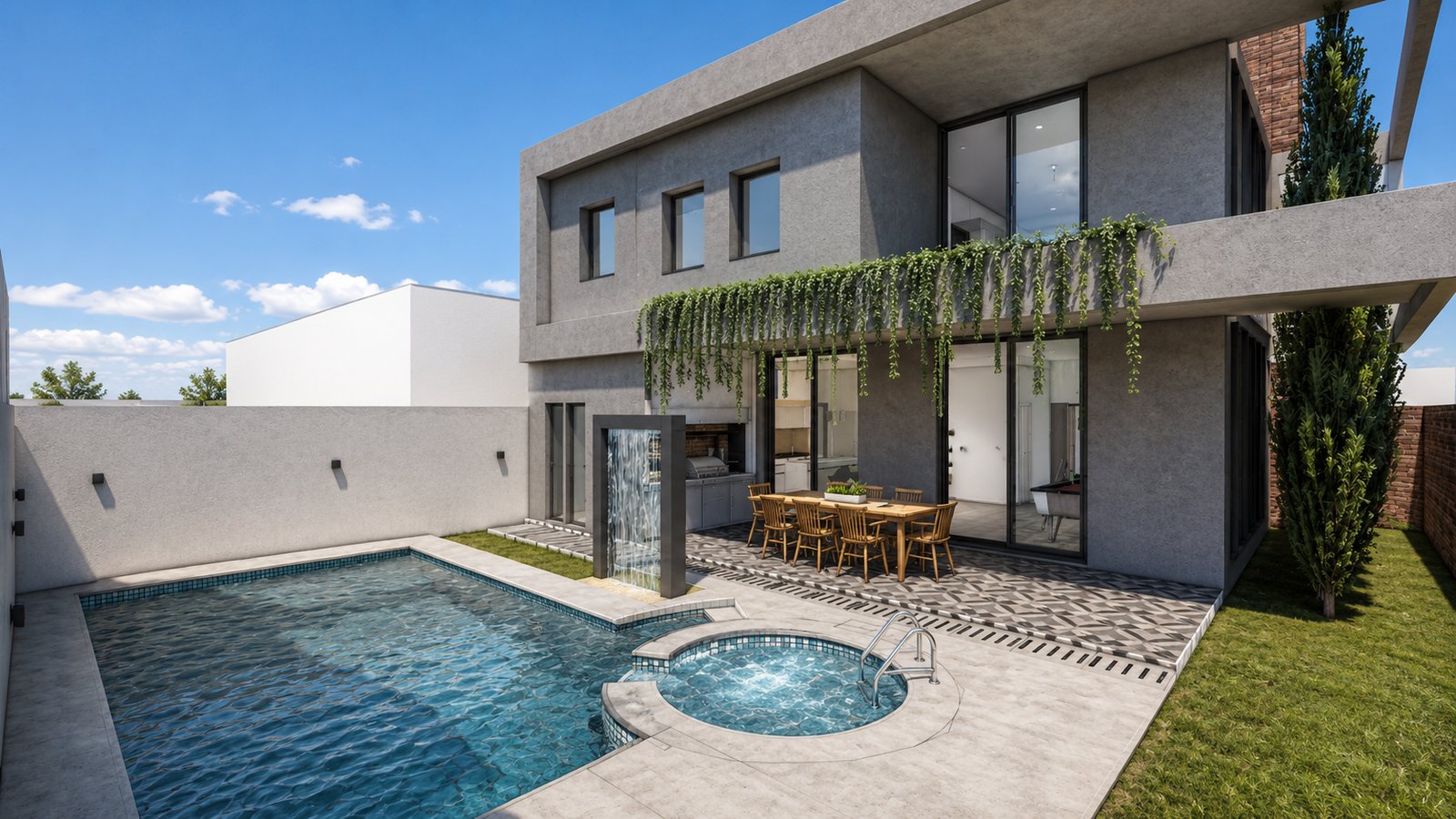Área de lazer moderna com piscina, churrasqueira e mesa de jantar — projeto Proyecto Jorval, por WILSON ARQUITECTURA, em Moreno