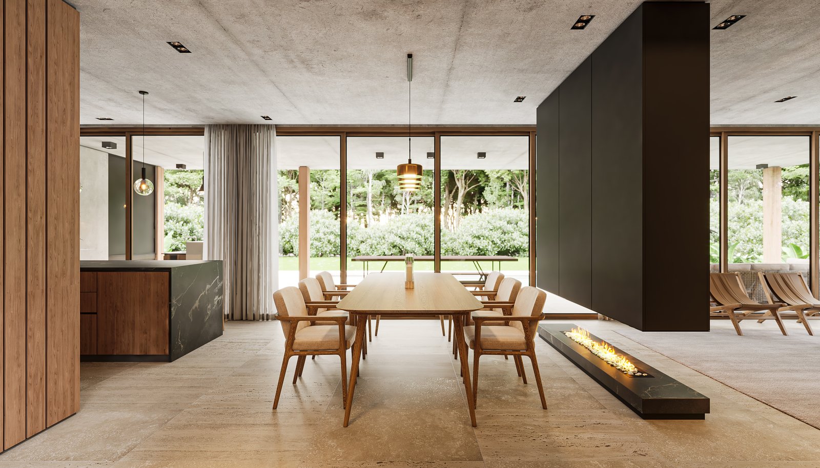 Sala de jantar moderna com teto de concreto aparente e vista para floresta — projeto Casa BRAVA, por Grupo CRBN, em Alejandro Korn