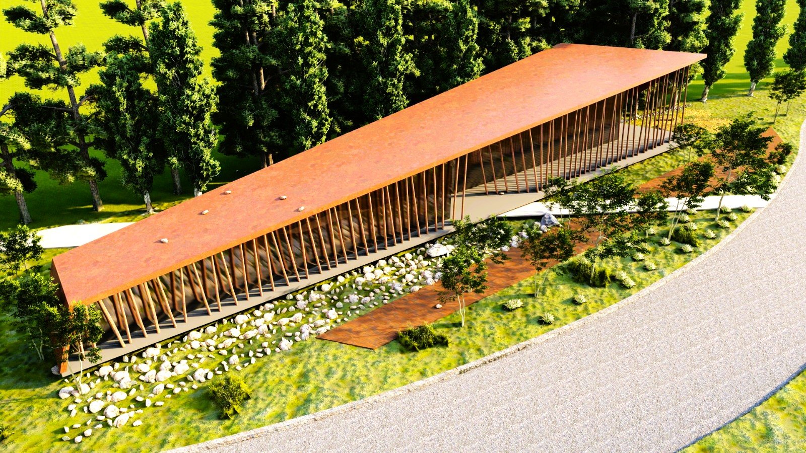 fachada moderna con techo ondulado y revestimiento de madera — proyecto PABELLÓN POLIFUNCION, por ML ARQUITECTURA / ARQ. MARIANO LEOTTA, en Santa Lucía