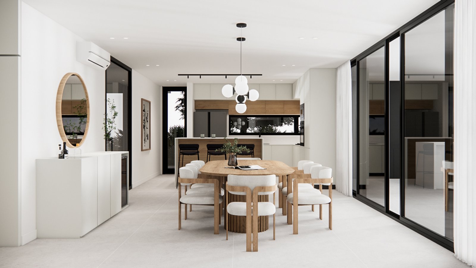 Comedor y cocina modernos de planta abierta con isla — proyecto Diseño elegante de estar y cocina, por Mela Deco Design, en Buenos Aires