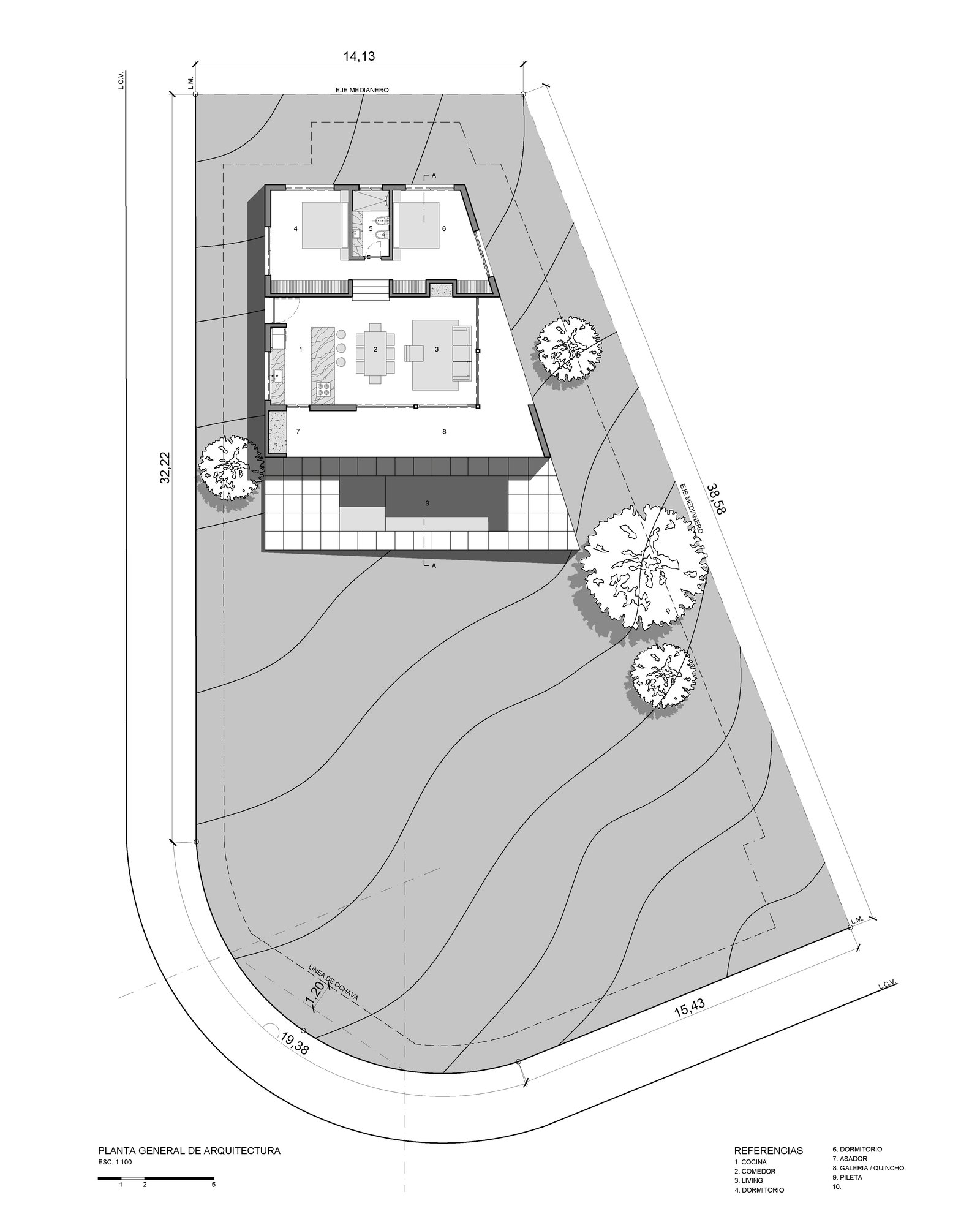 Plano arquitectónico de casa moderna en terreno con pendiente — proyecto Casa de Piedra, por Ignacio Pandolfi Arq., en La Falda