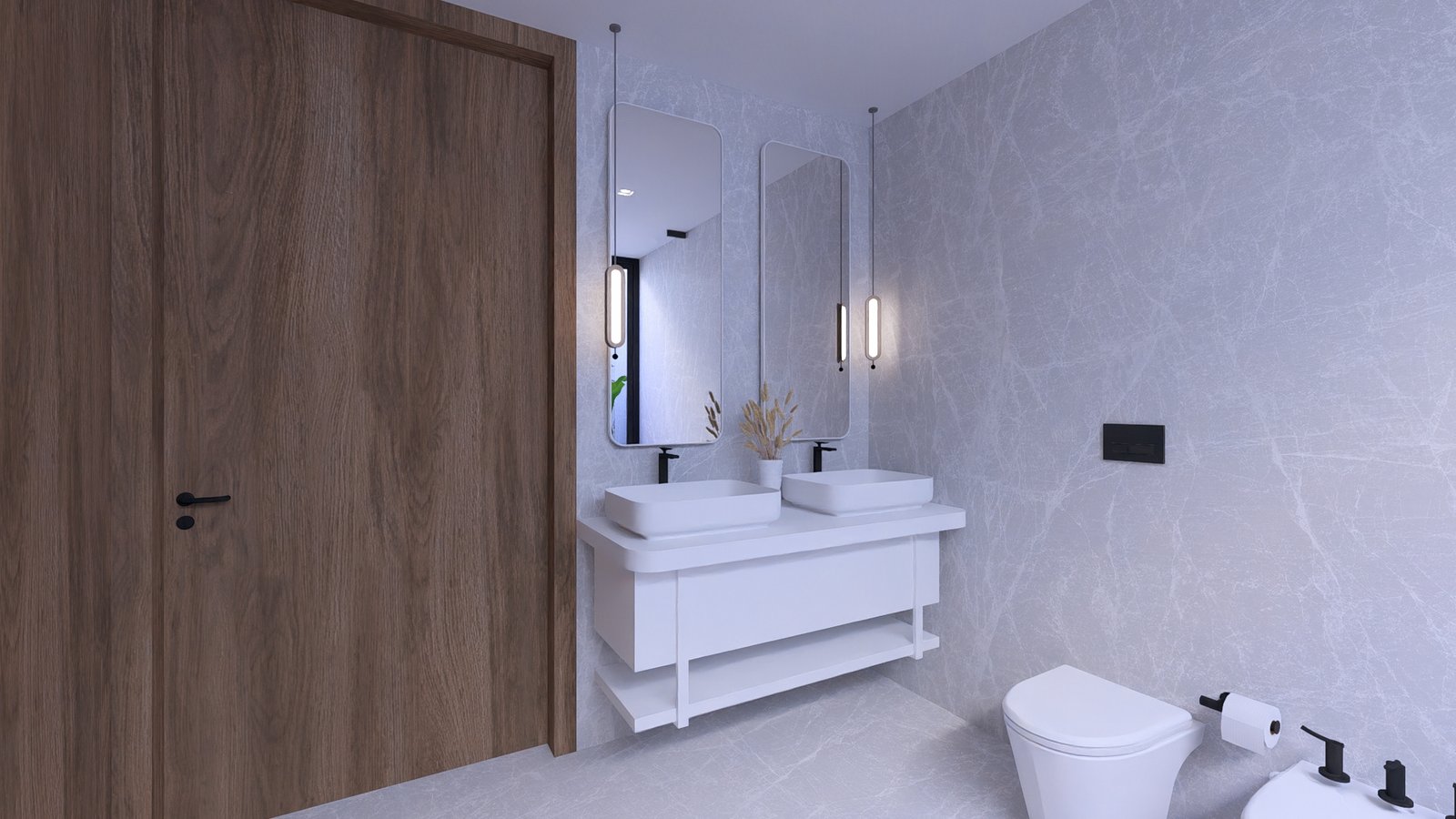 Baño moderno con lavabos dobles, mármol gris y madera flotante — proyecto Casa SF, por Hermann Arquitectos, en Los Cipreses 2