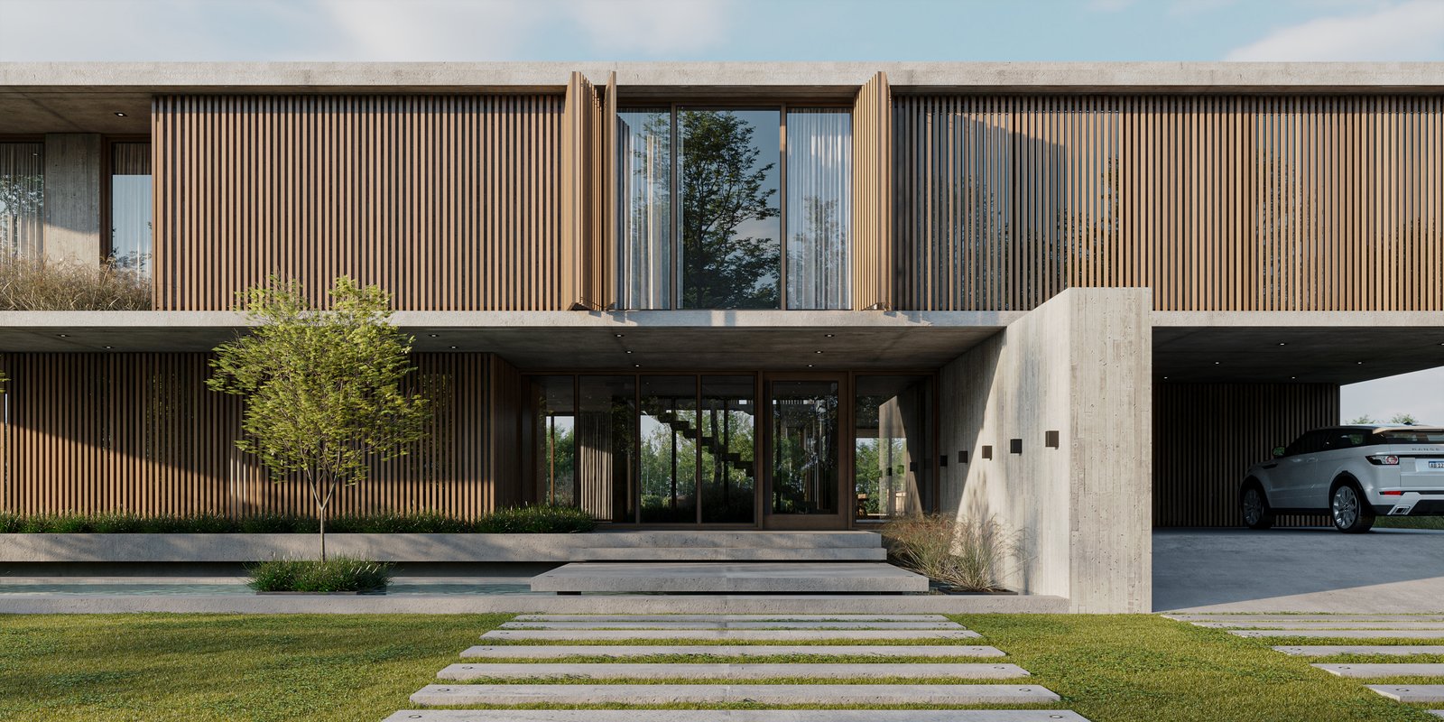 fachada moderna con concreto y madera — proyecto Casa BRIDGE, por Grupo CRBN, en Av. de los Lagos 1815