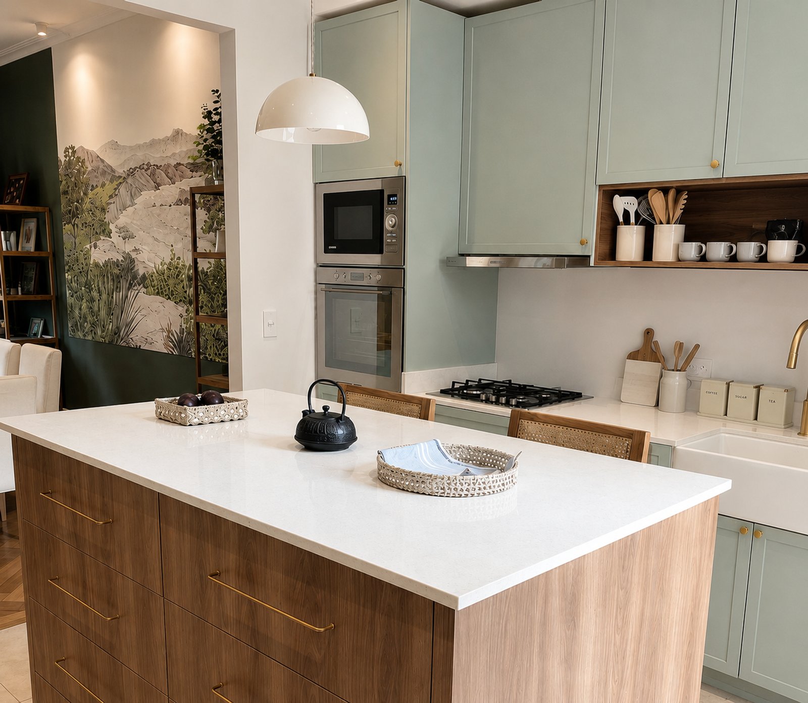 Cocina moderna escandinava con isla central y gabinetes verdes — proyecto Arenales, por Equipe, en Buenos Aires