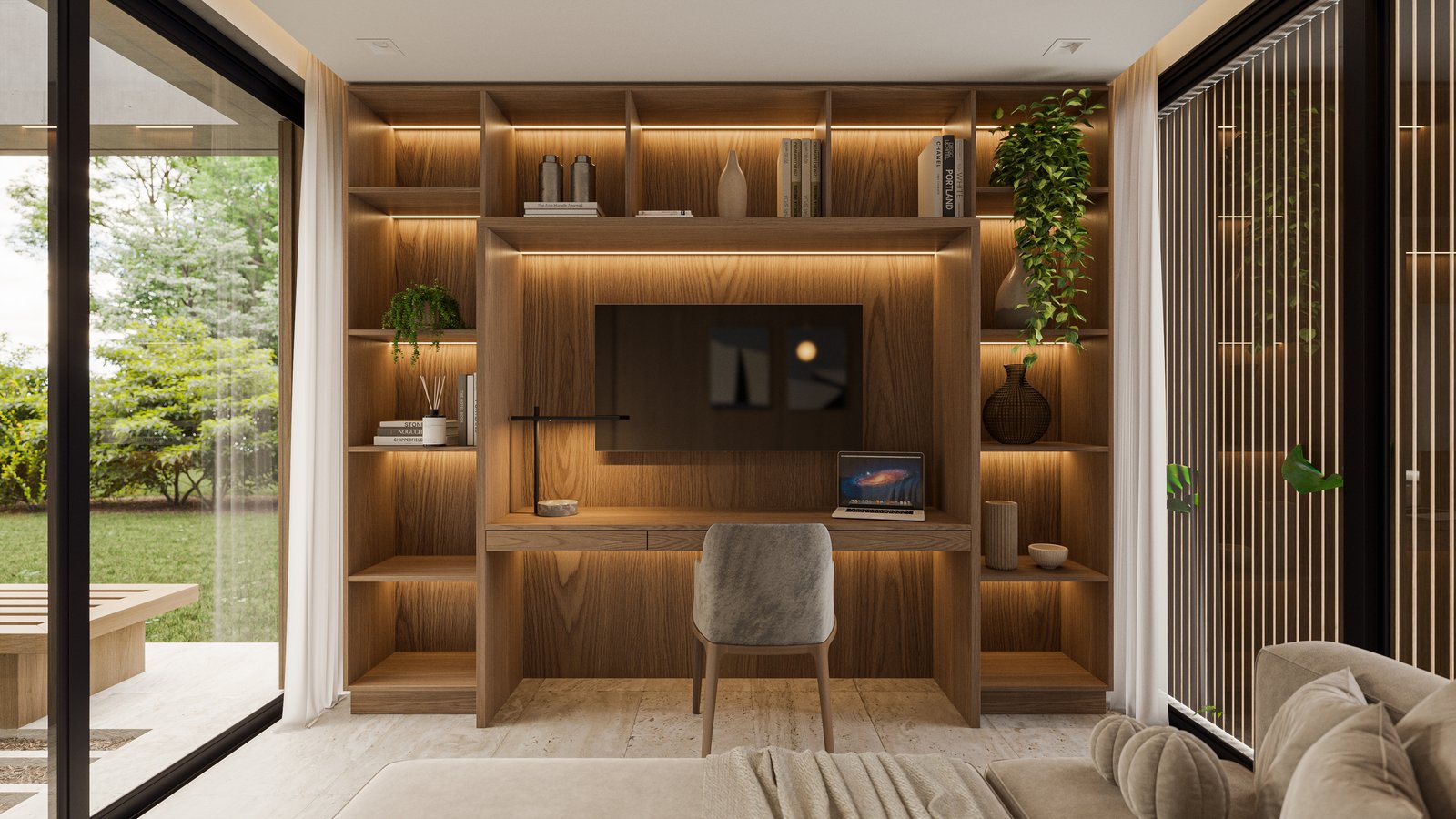 Oficina moderna integrada con estanterías de madera y luz cálida — proyecto Casa CALMA, por Grupo CRBN, en Av. de los Lagos 100